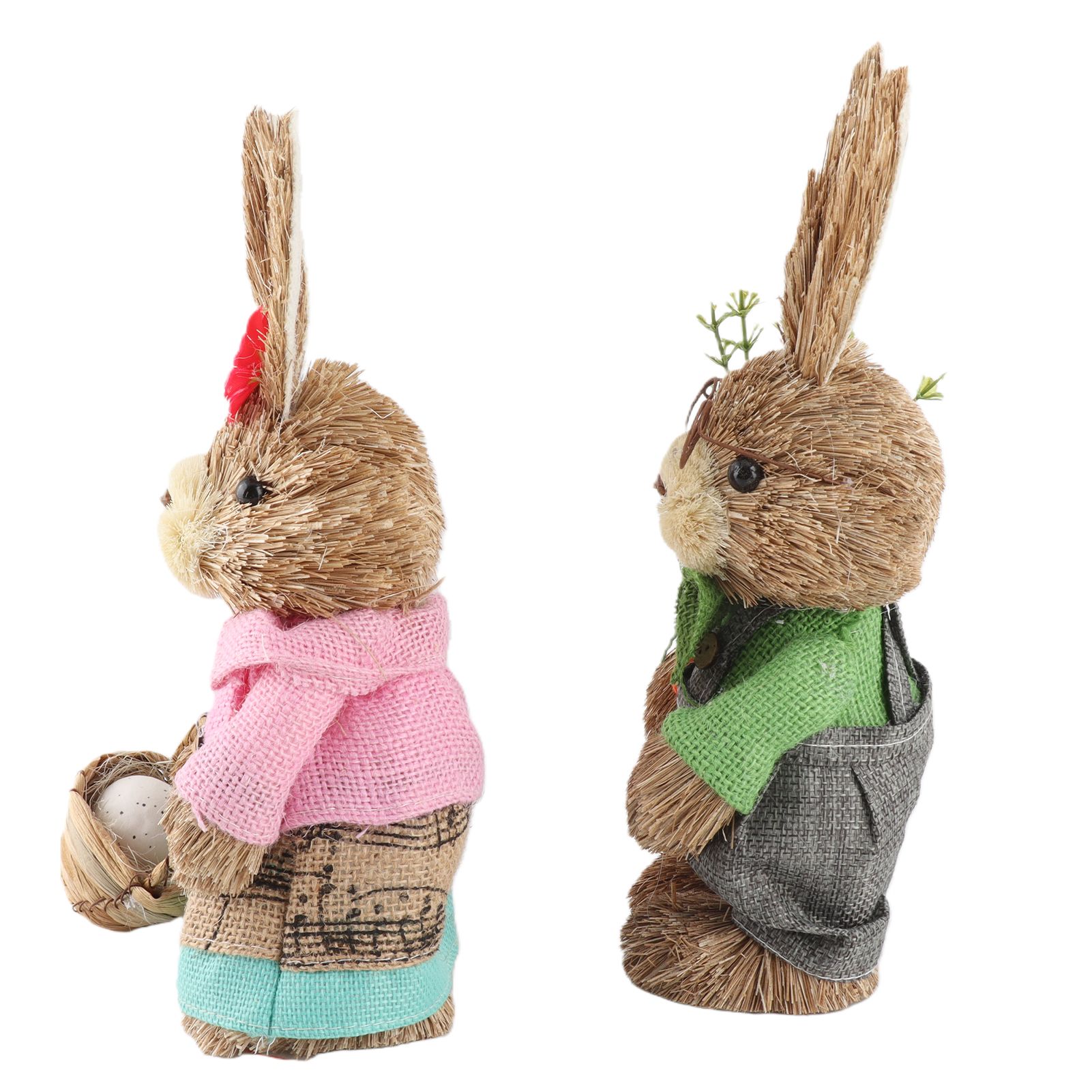 25CM Easter Standing Bunny Couple Figurines Handmade Straw Rabbit Statues for view 4