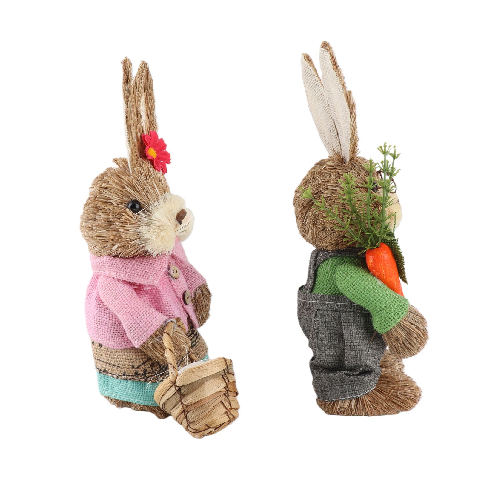25CM Easter Standing Bunny Couple Figurines Handmade Straw Rabbit Statues for view 5