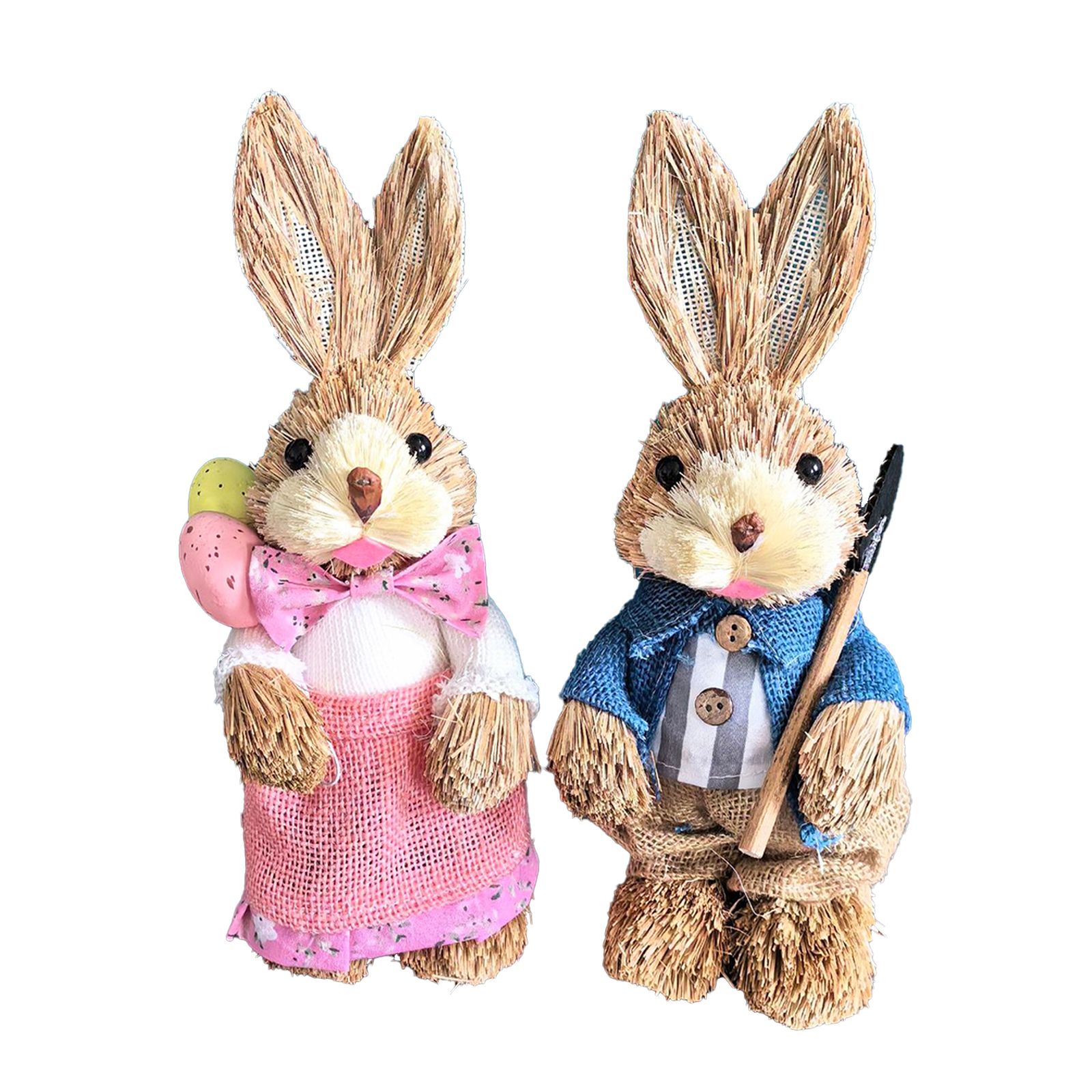 25CM Easter Standing Bunny Couple Figurines Handmade Straw Rabbit Statues for view 2