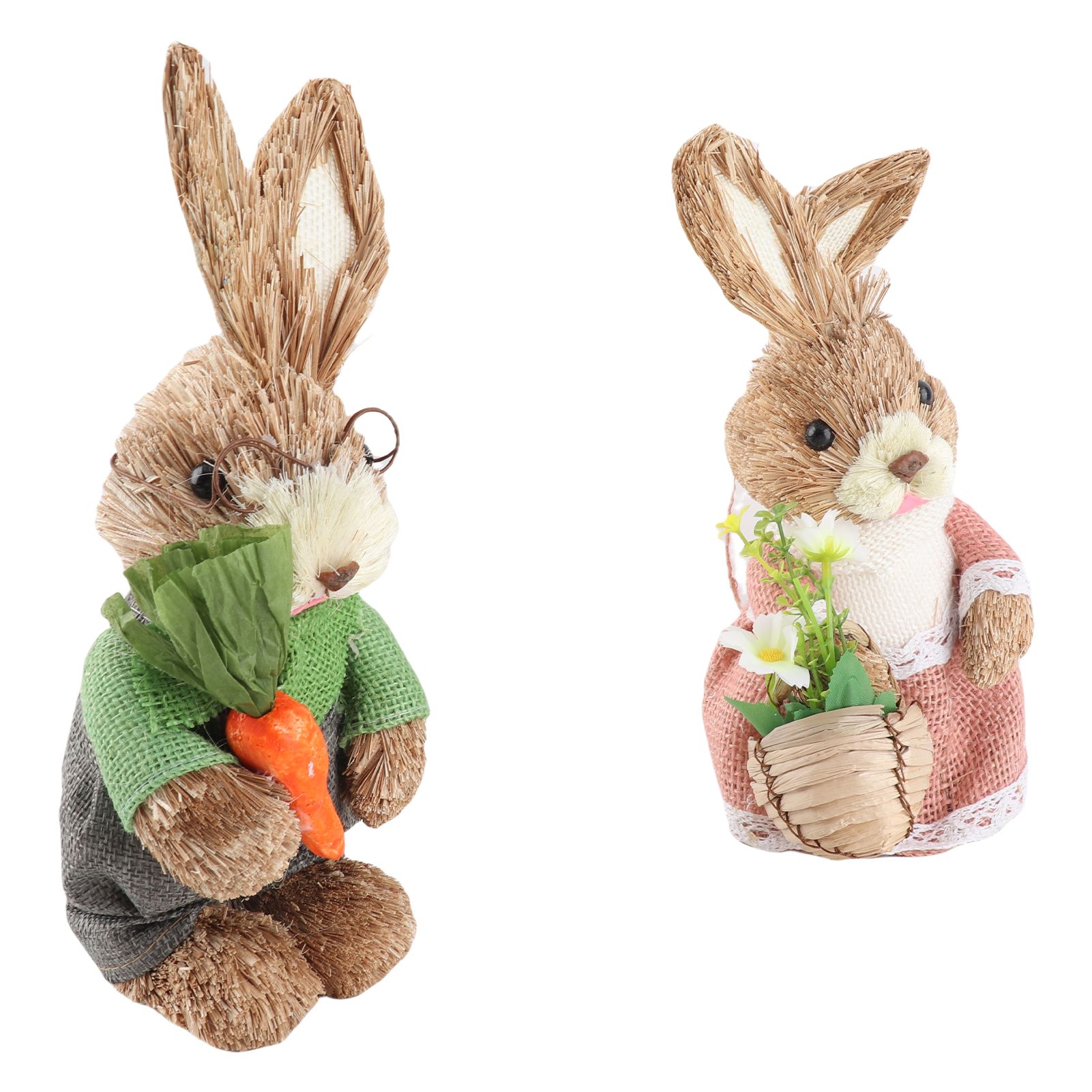 25CM Easter Standing Bunny Couple Figurines Handmade Straw Rabbit Statues for
