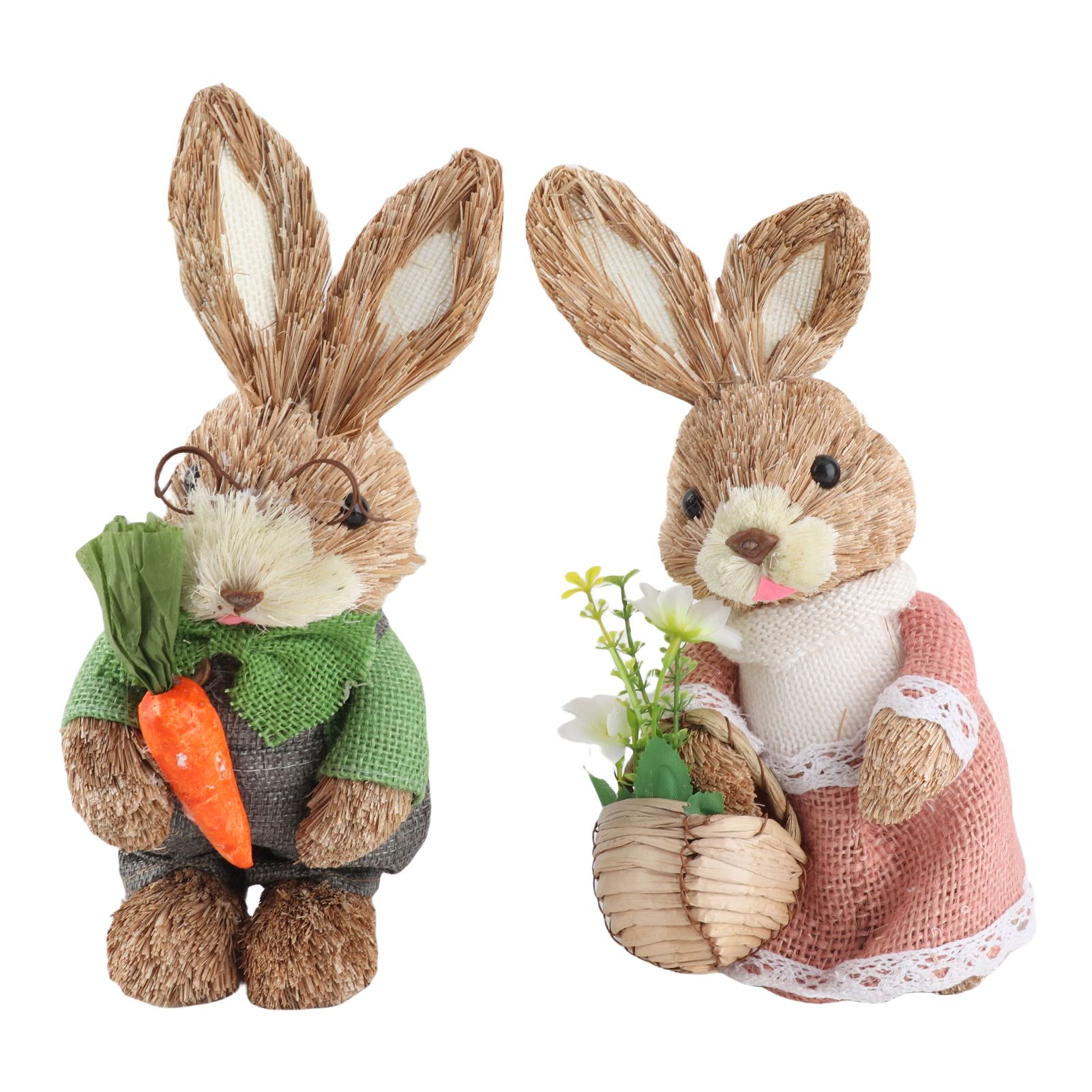 25CM Easter Standing Bunny Couple Figurines Handmade Straw Rabbit Statues for view 2