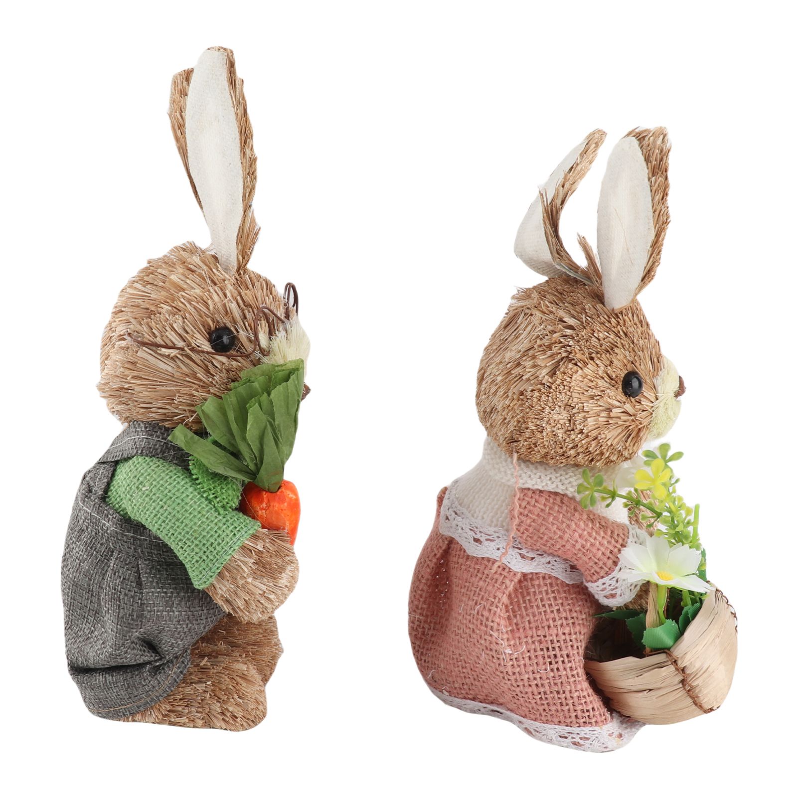 25CM Easter Standing Bunny Couple Figurines Handmade Straw Rabbit Statues for view 3