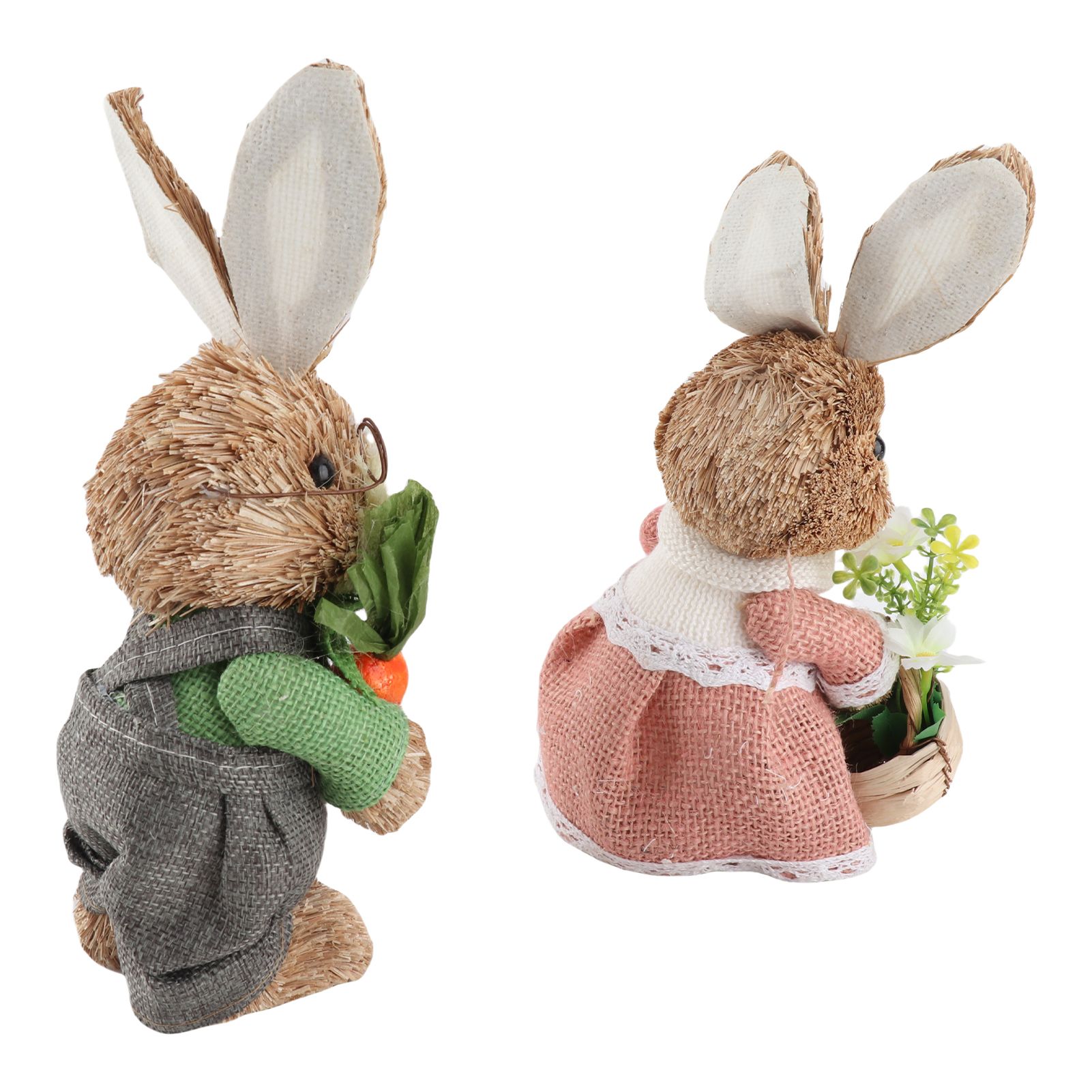 25CM Easter Standing Bunny Couple Figurines Handmade Straw Rabbit Statues for view 4
