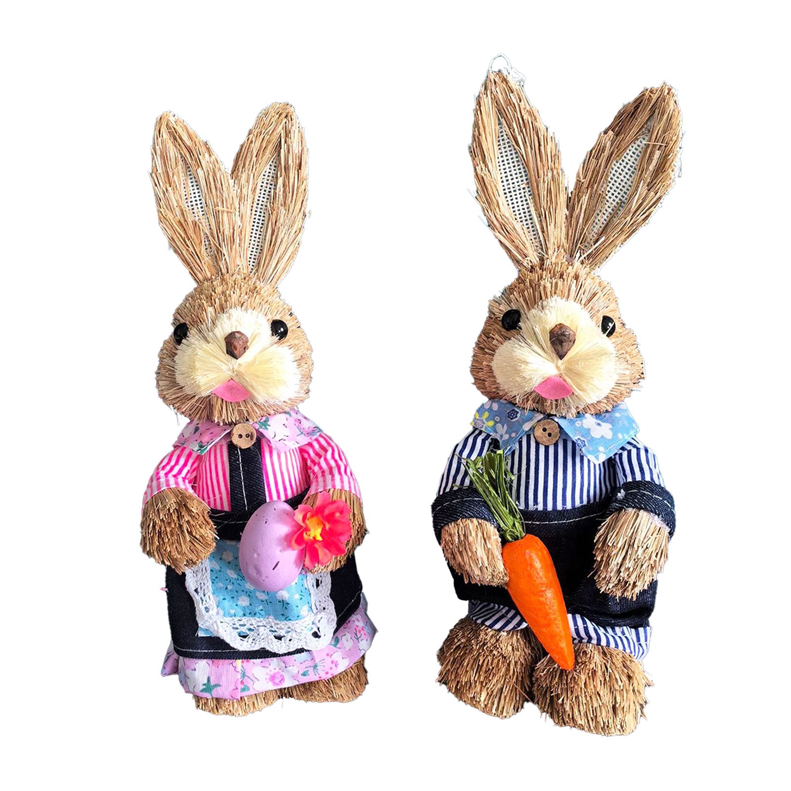 25CM Easter Standing Bunny Couple Figurines Handmade Straw Rabbit Statues for