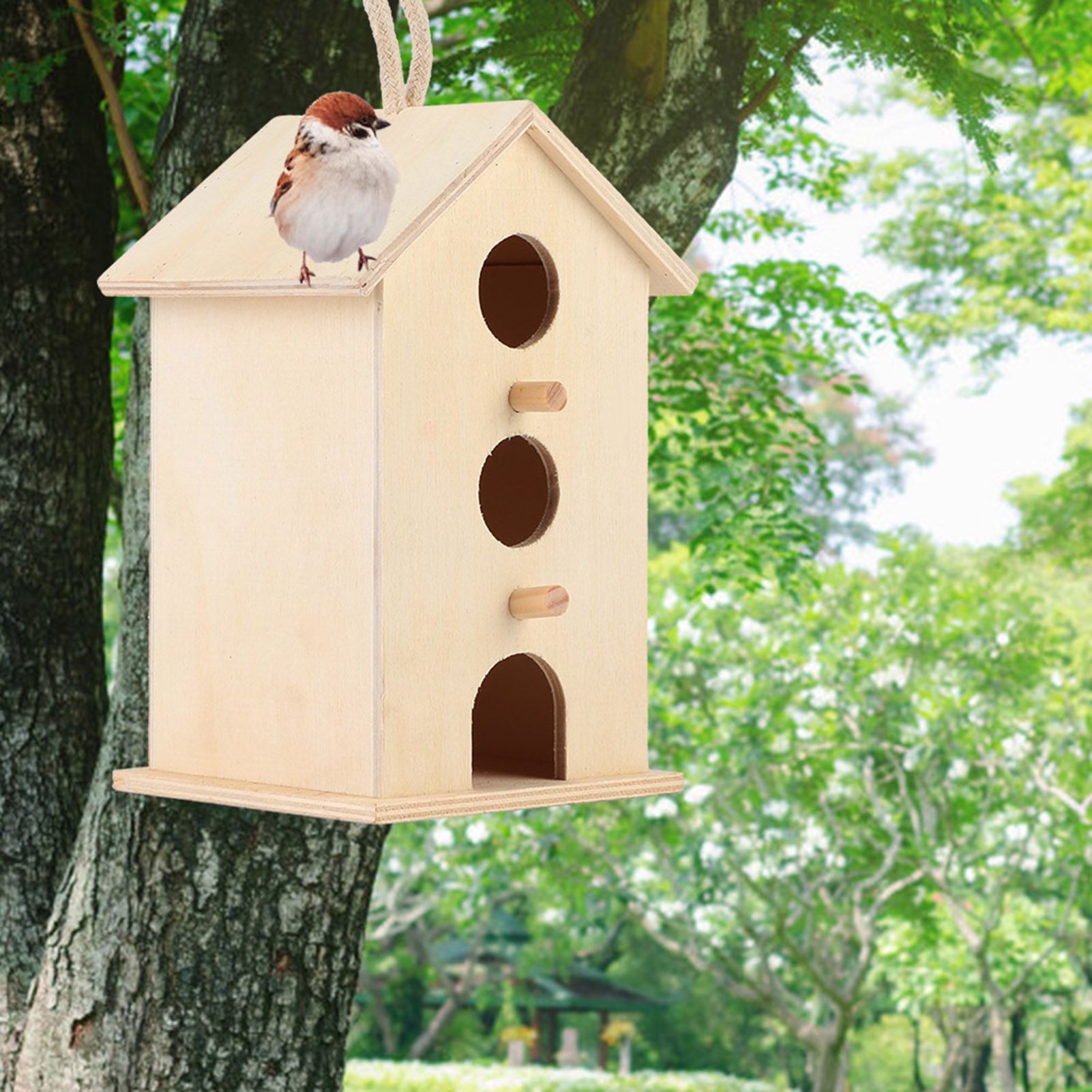Hanging Wooden Bird Nests House Breeding Resting Box Supplies Outdoors Garden view 9