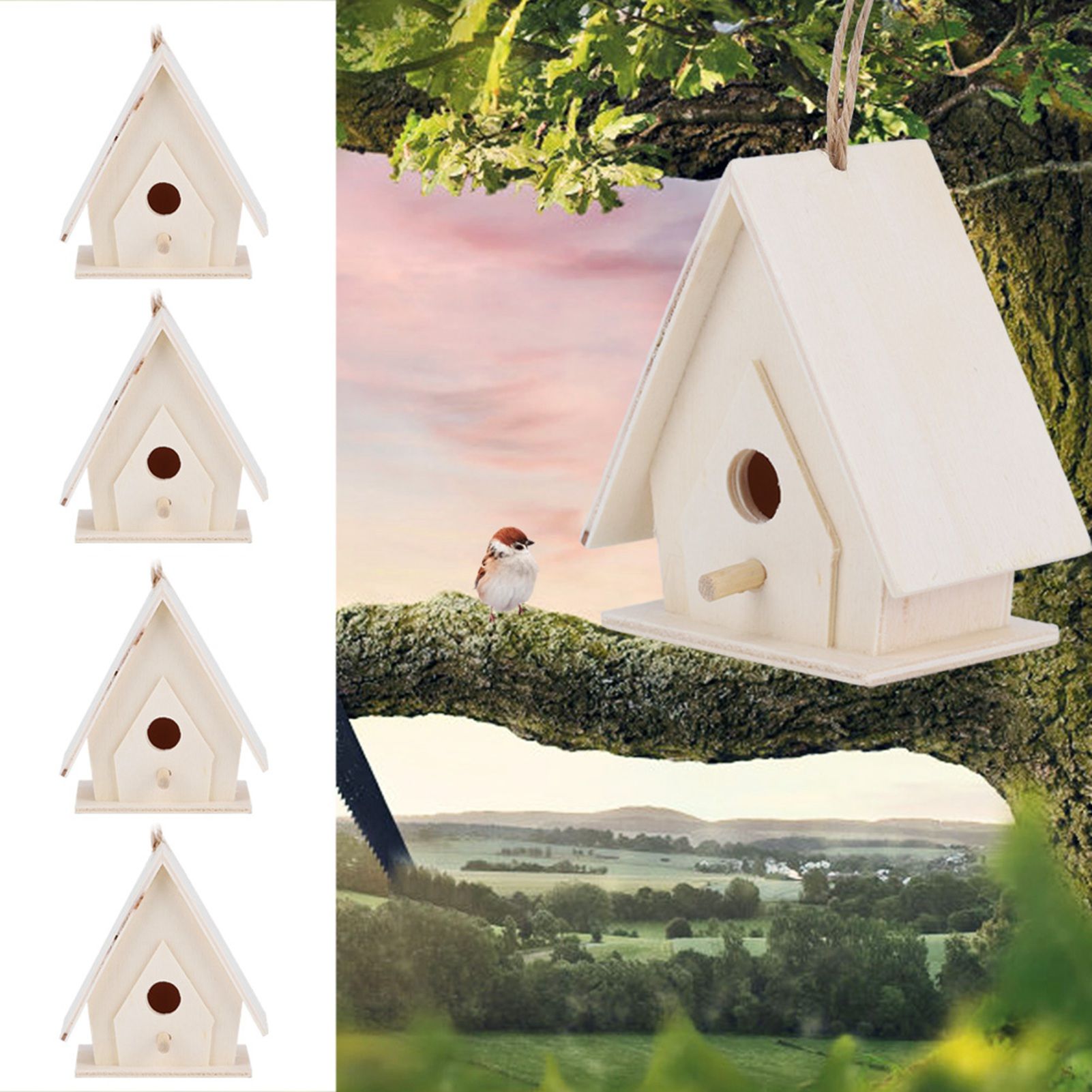4Pcs Mini Hanging Wooden Bird House Nests Cage Ornament Crafts for Garden view 9