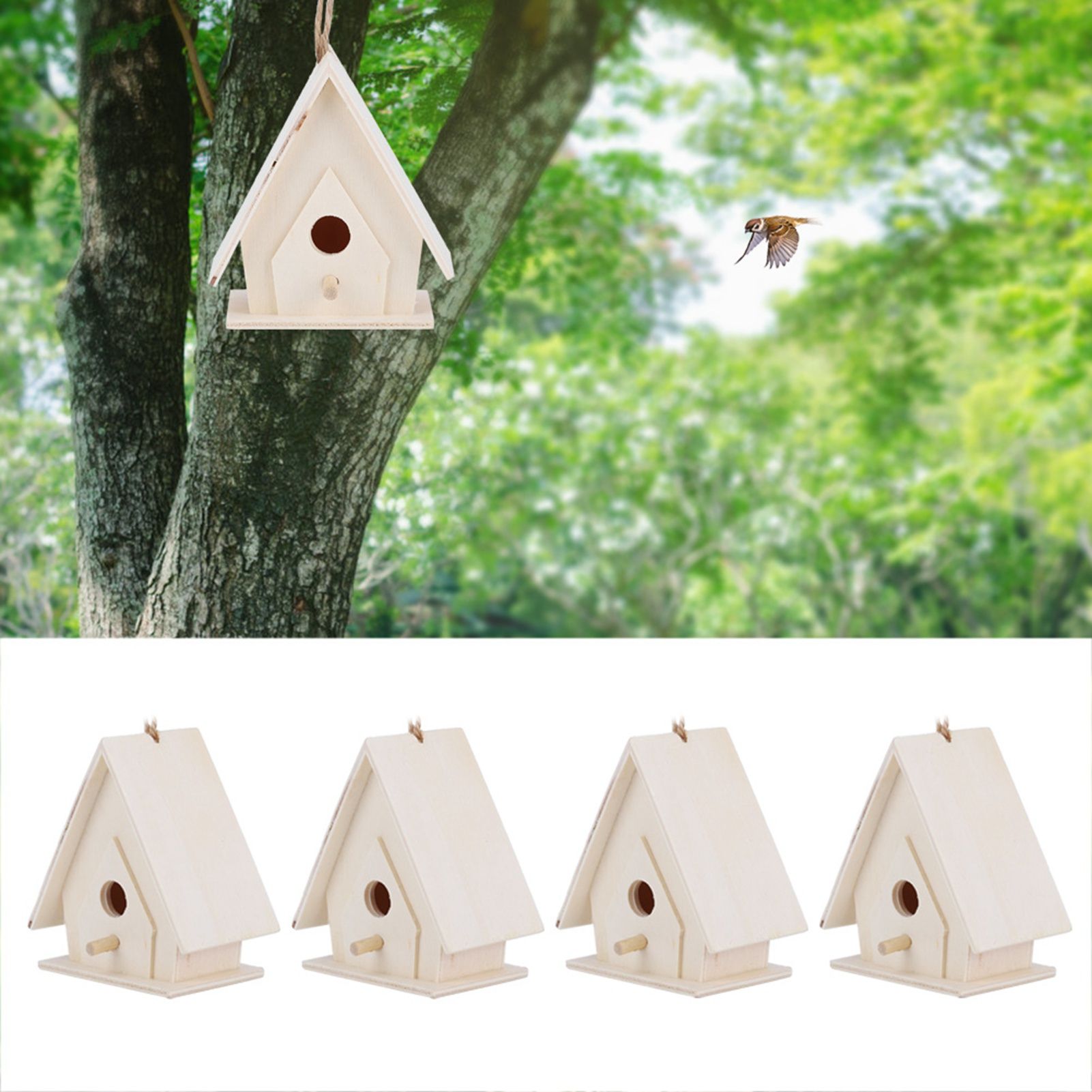 4Pcs Mini Hanging Wooden Bird House Nests Cage Ornament Crafts for Garden view 10