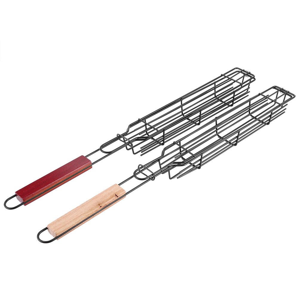 2PCS Portable BBQ Sausage Hot Dog Grilling Basket Stainless Steel Nonstick
