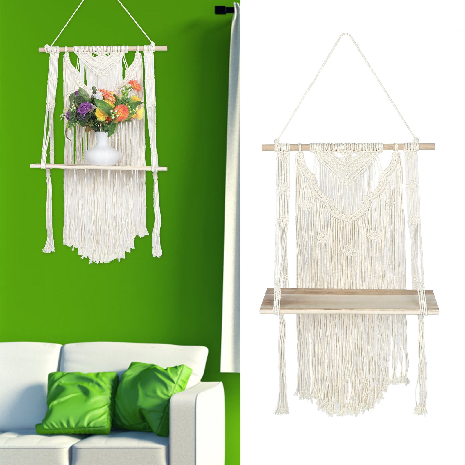 Hand Knitting Wall Hanging Shelf Organizer Rope Plant Pot Holder for Home view 9
