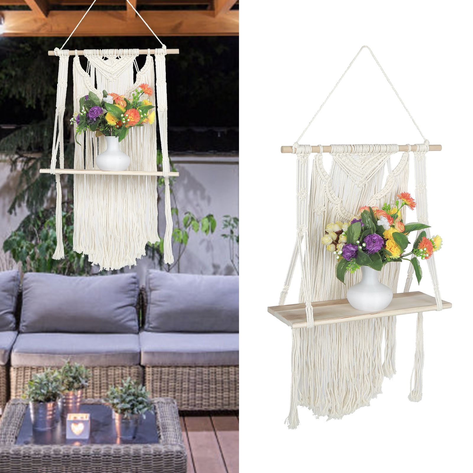 Hand Knitting Wall Hanging Shelf Organizer Rope Plant Pot Holder for Home view 10