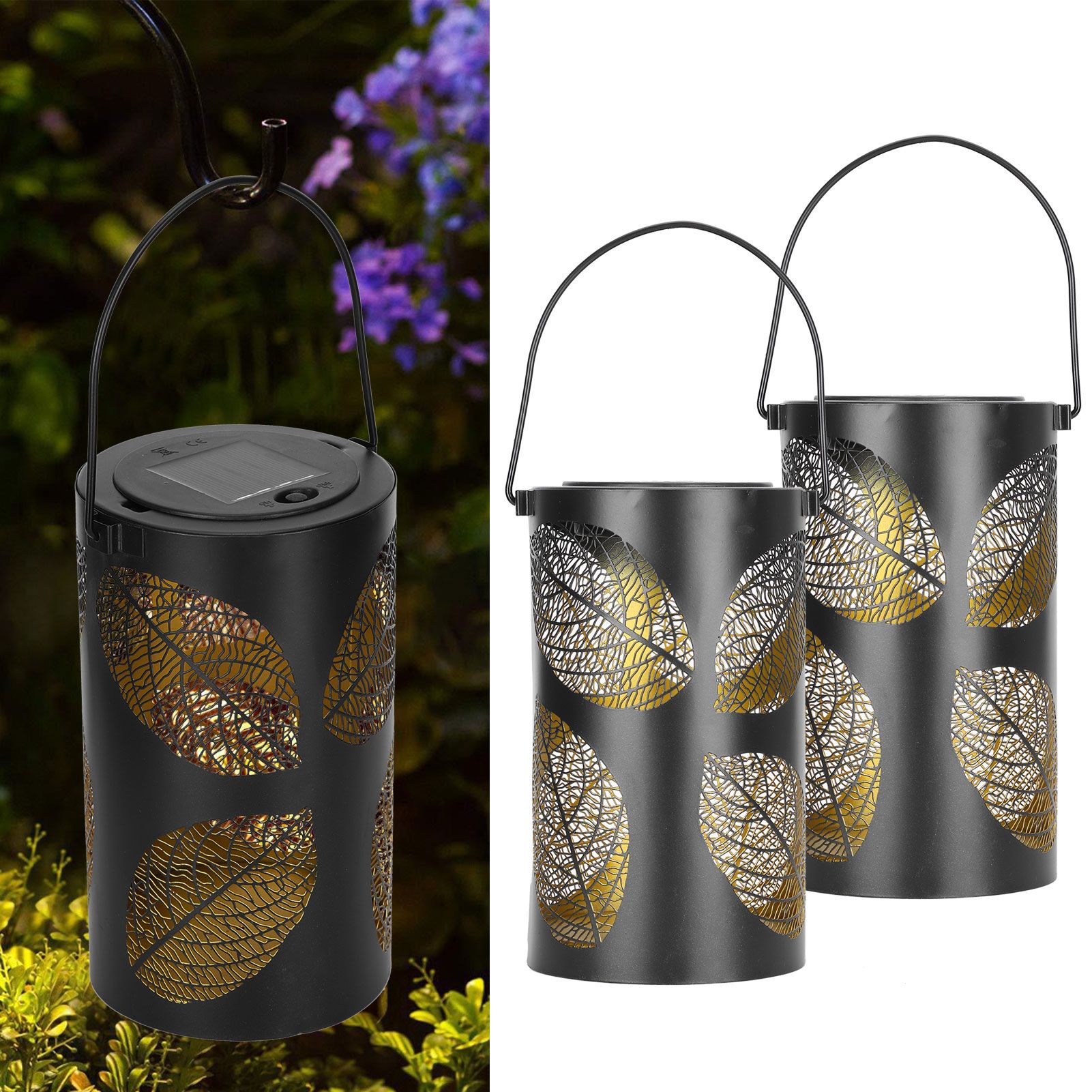2Pcs Solar Hanging Lamp Wrought Iron Hollow LED Light for Garden Courtyard view 9