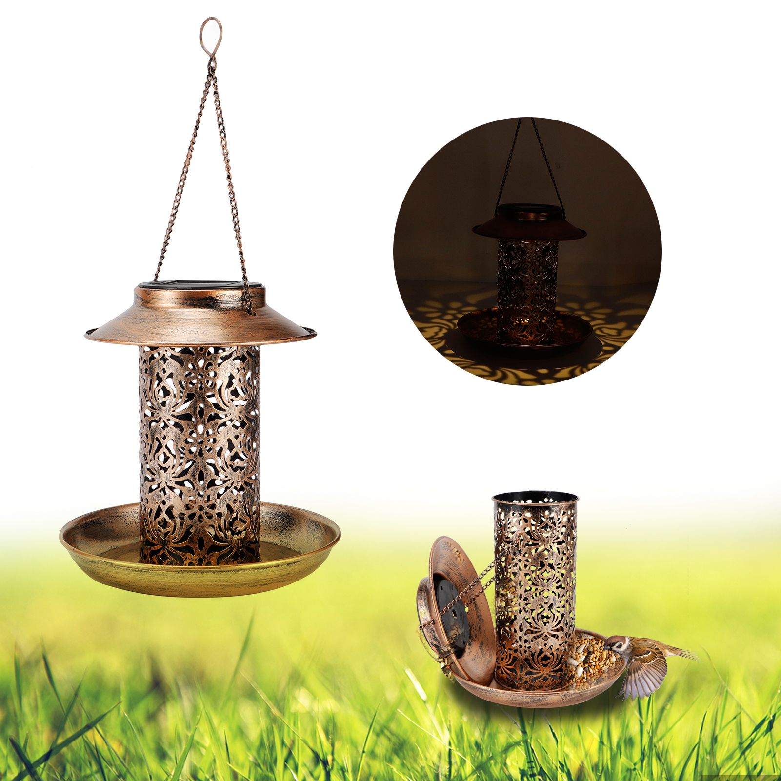 Solar Bird Feeder Solar Powered Garden Light Portable Hanging Hollow Out view 10