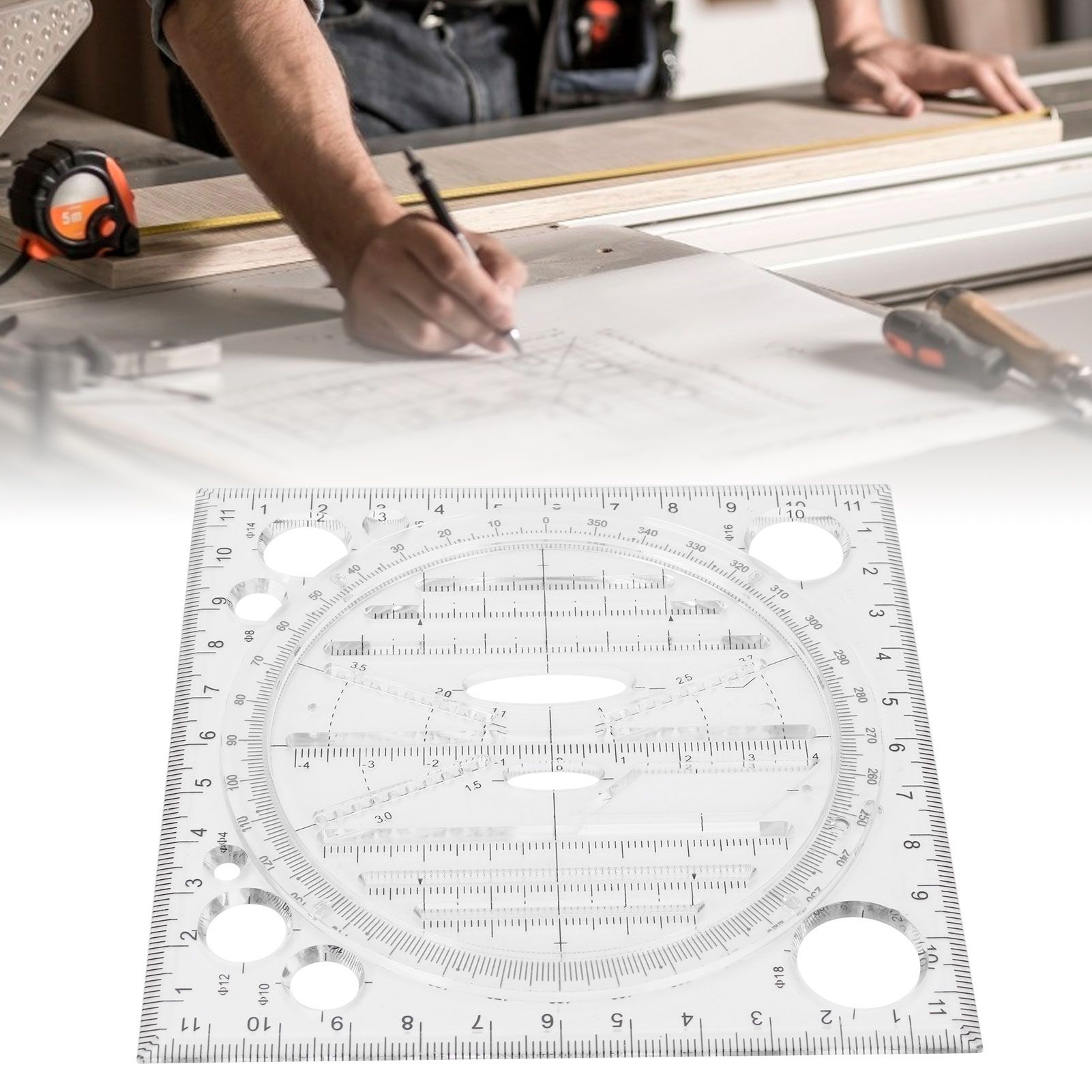 Multi Function Drawing Ruler Acrylic Art Design Woodworking Template Ruler view 10