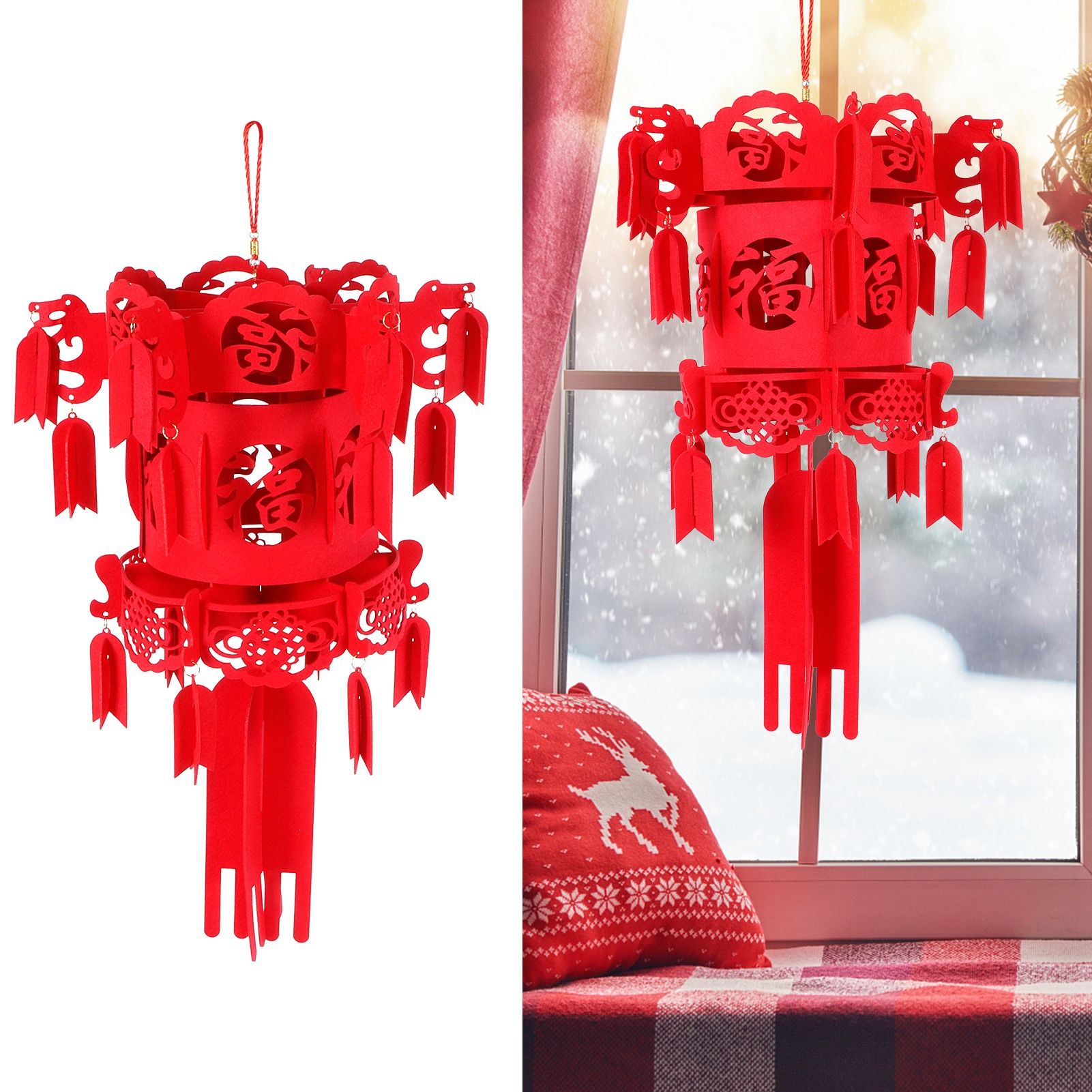Chinese Lantern DIY Felt Red Fu Puzzle Lantern New Year Pendant Home Garden view 9