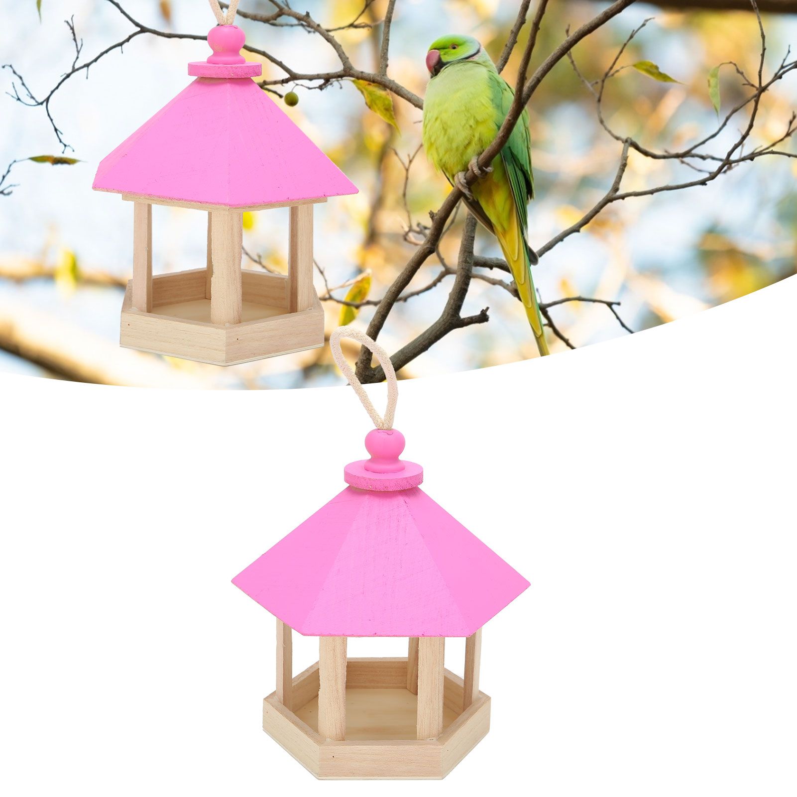 Wooden Bird Feeder Hanging Hexagonal House Shape Pet Bird Feeder Garden Decoration view 12