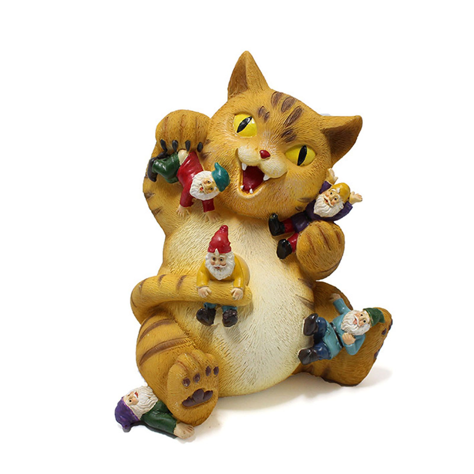 Cat and Dwarf Statue Sitting Cat Decor Figurine Resin Animal Ornament for Home view 4