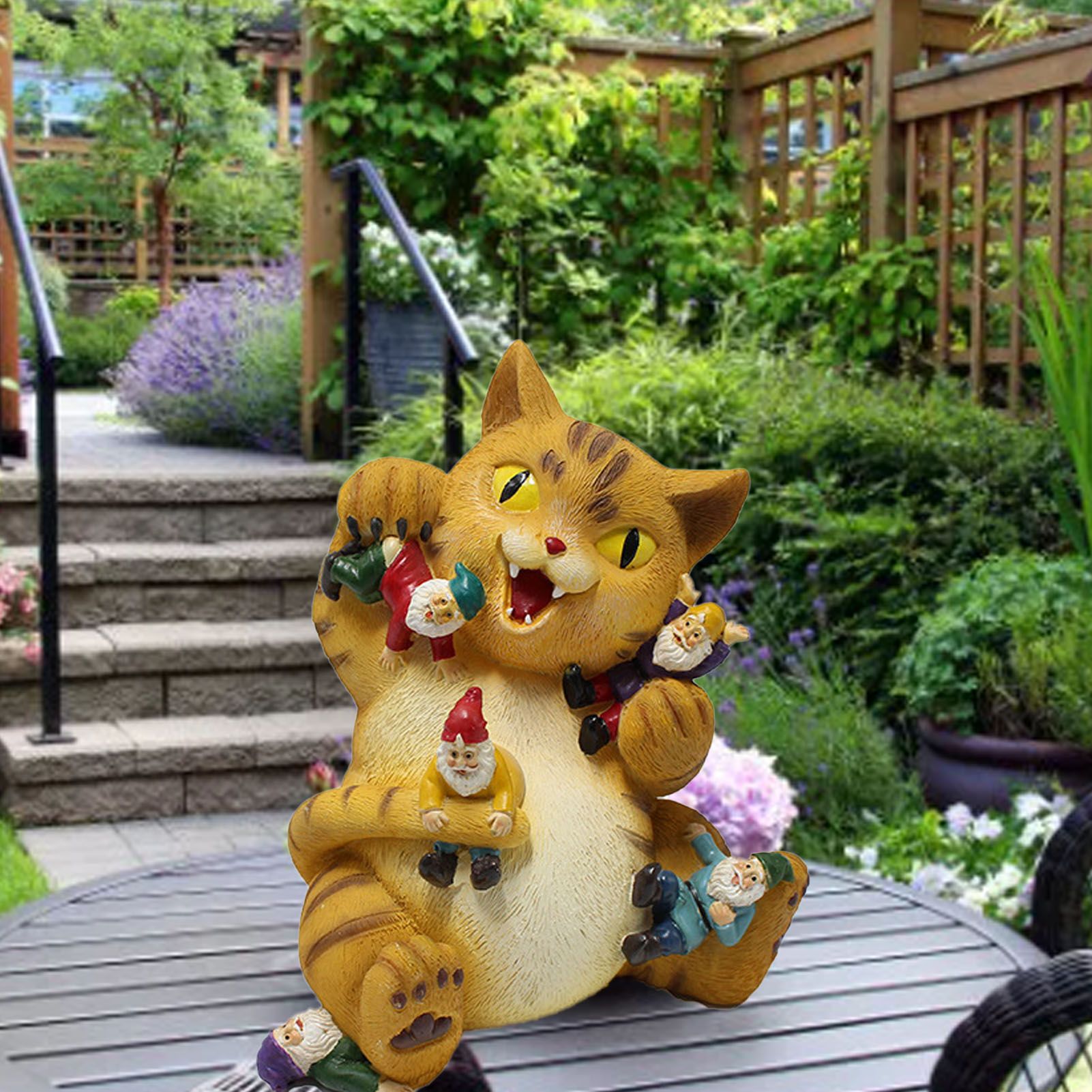 Cat and Dwarf Statue Sitting Cat Decor Figurine Resin Animal Ornament for Home view 8