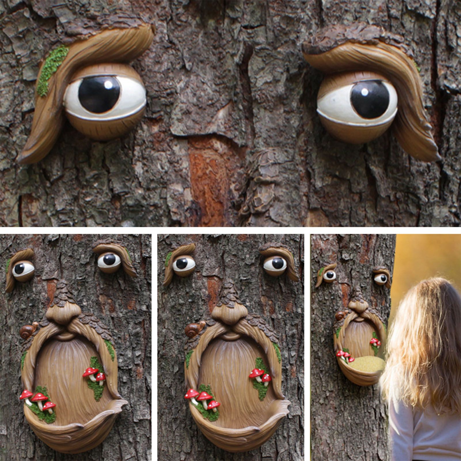 Tree Face Mushroom Bird Feeder Resin Lifelike Funny Old Man Tree Face view 2