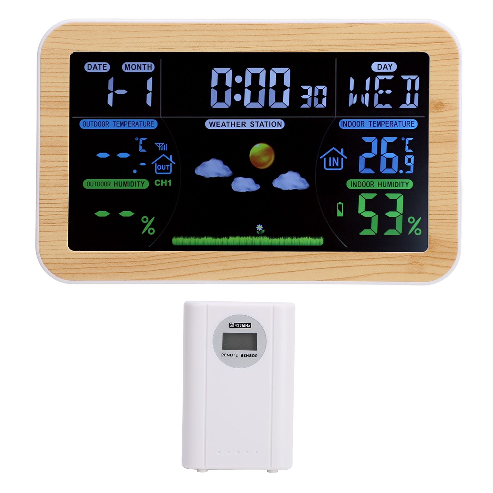 LCD Weather Clock Indoor Outdoor Temperature Humidity Monitor 24 Hour Weather