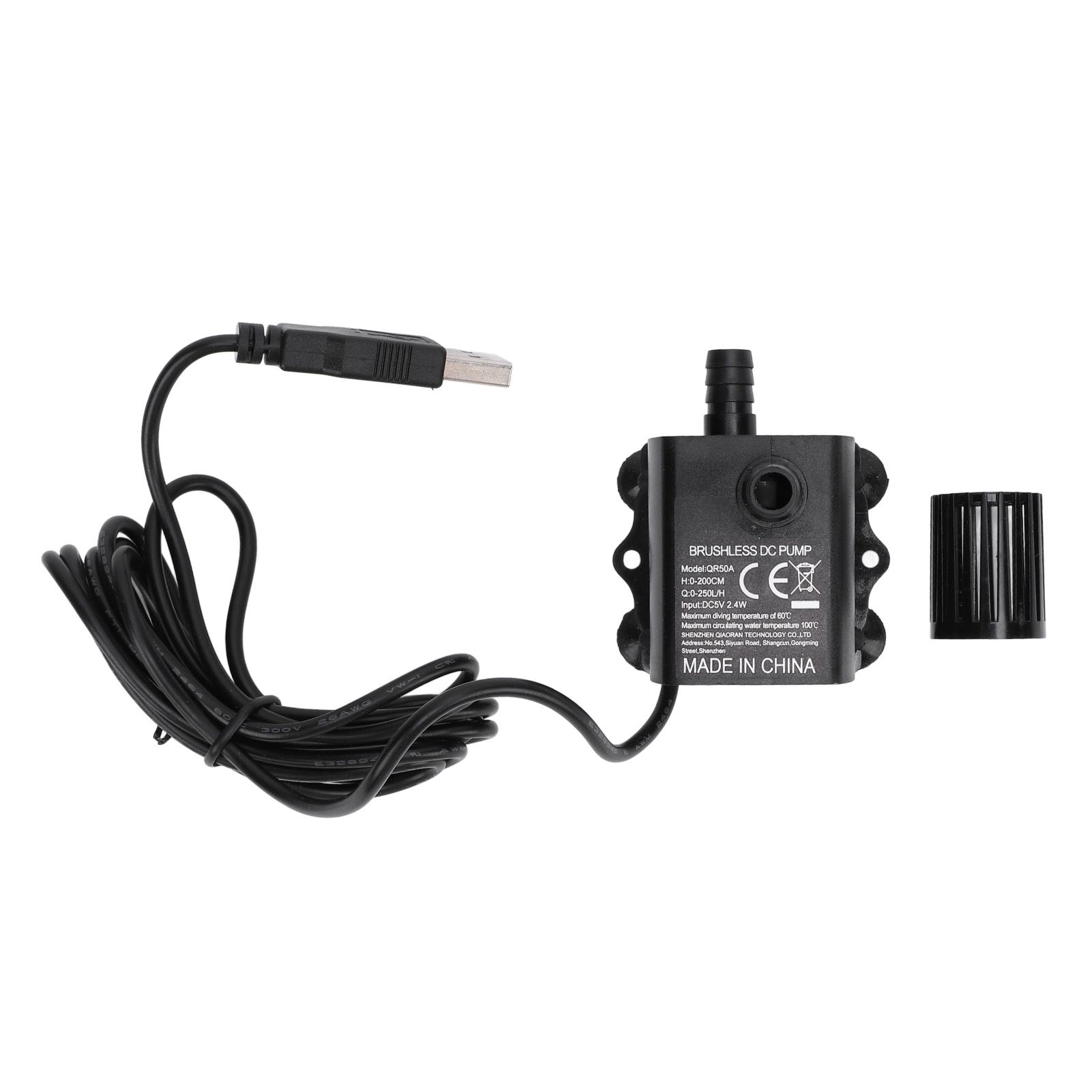 Small Submersible Water Pump 0‑200cm Lift 0‑250LPH IP68 Rating DC5V 2.4W USB view 3