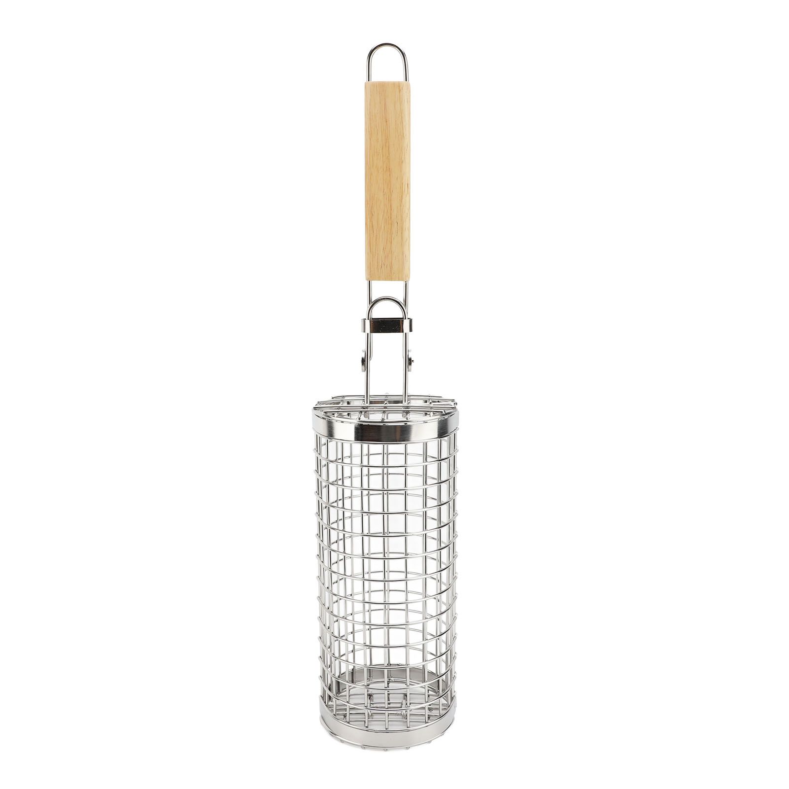 Rolling Grill Basket Open Close Type Stainless Steel Basket Wooden Handle
