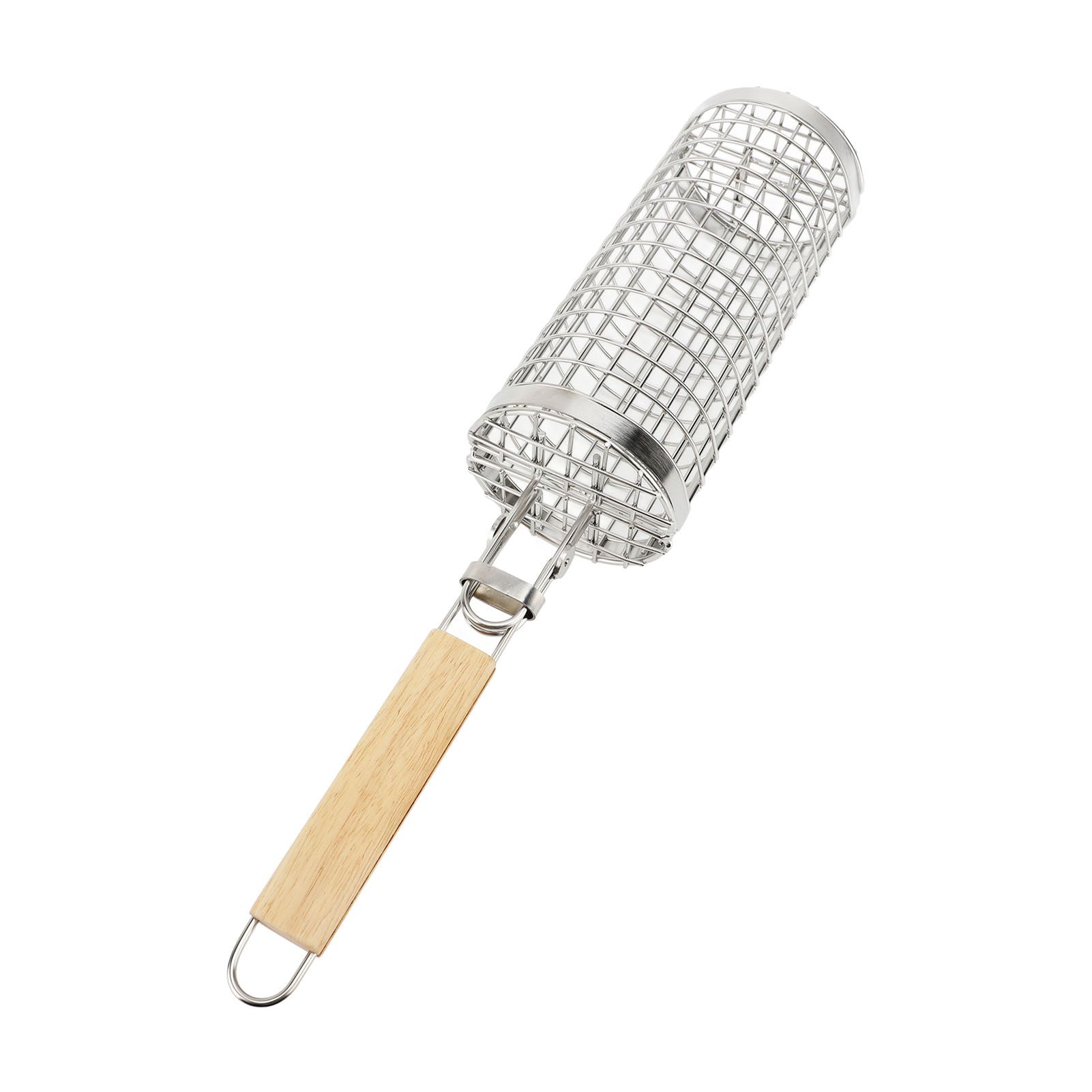 Rolling Grill Basket Open Close Type Stainless Steel Basket Wooden Handle view 3