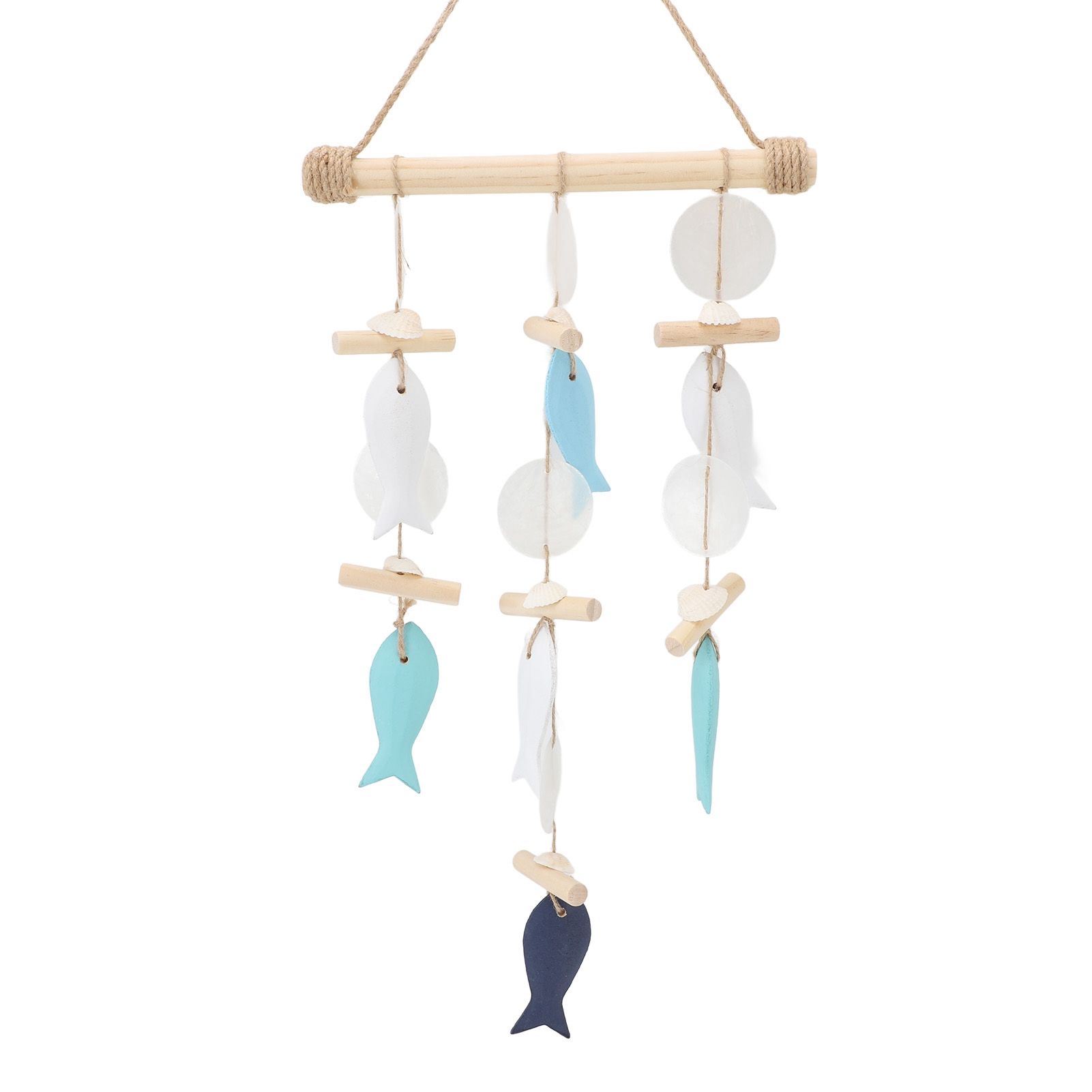 Fish Wind Chime Sea Theme Wall Hanging Decor Solid Wood Hemp Rope Shell Fish view 5