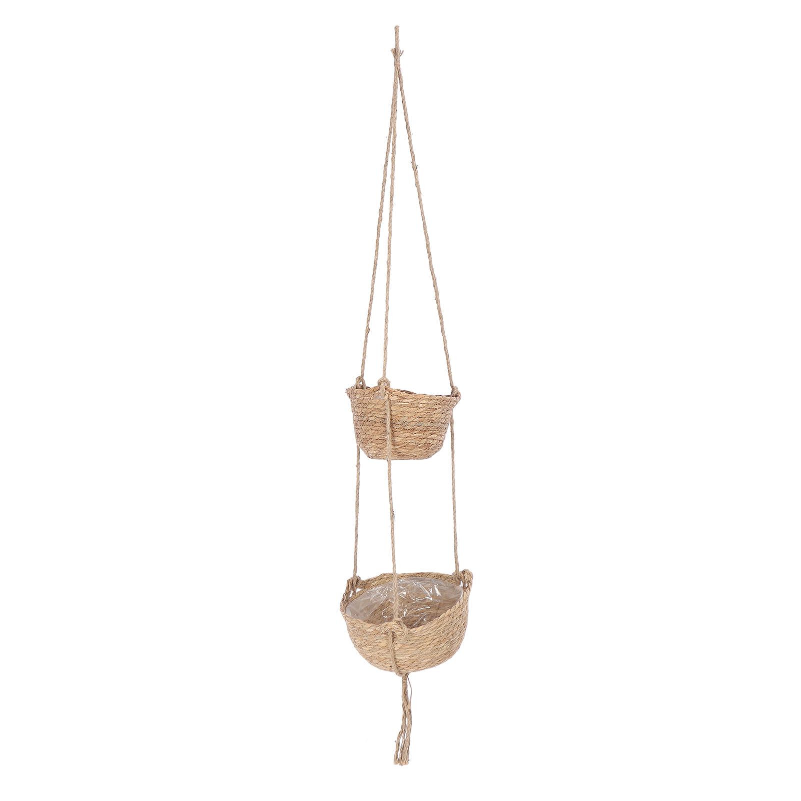 2 Tier Woven Hanging Basket Hemp Rope Hanging Fruit Basket Flower Plants Wall view 3