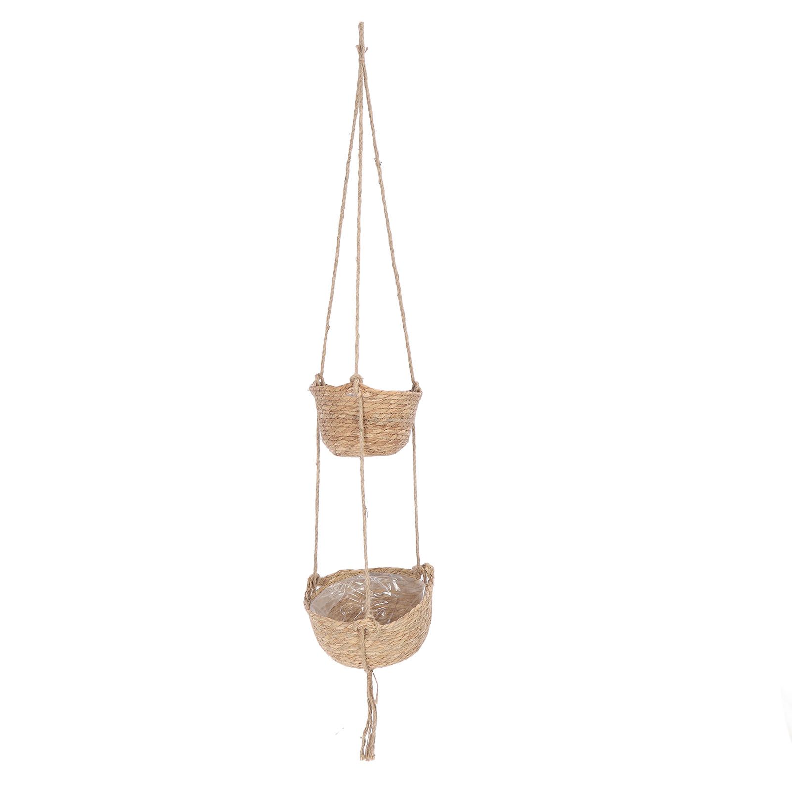2 Tier Woven Hanging Basket Hemp Rope Hanging Fruit Basket Flower Plants Wall view 4