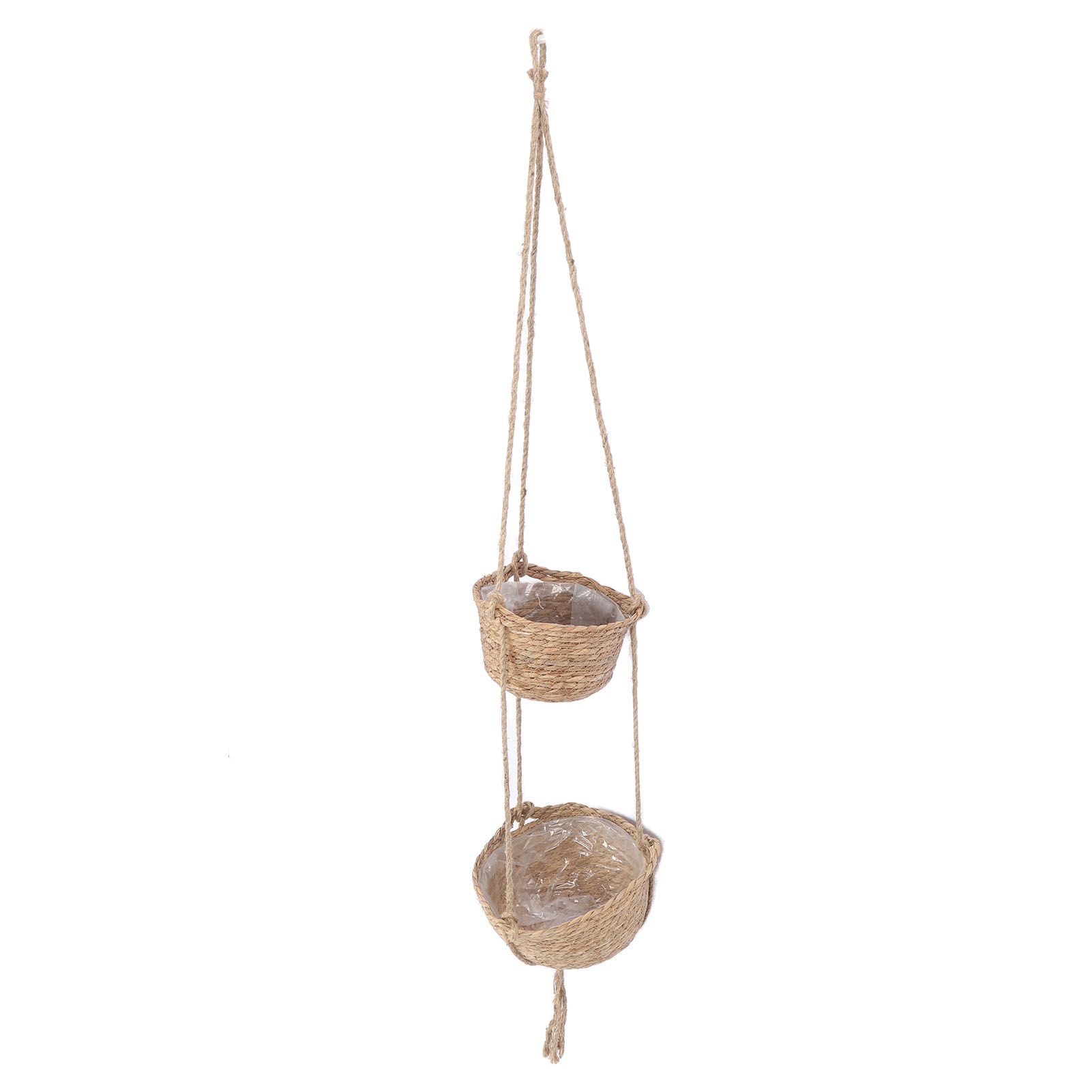 2 Tier Woven Hanging Basket Hemp Rope Hanging Fruit Basket Flower Plants Wall view 6