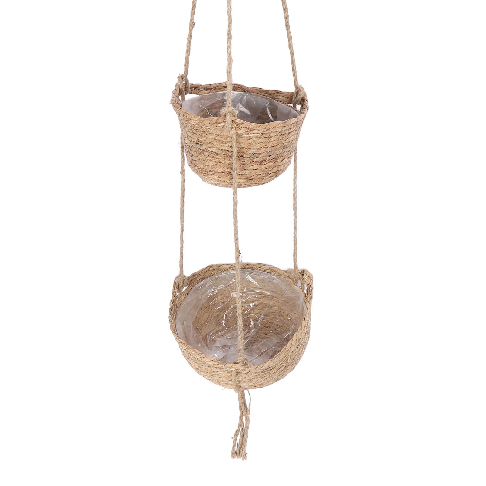 2 Tier Woven Hanging Basket Hemp Rope Hanging Fruit Basket Flower Plants Wall view 10