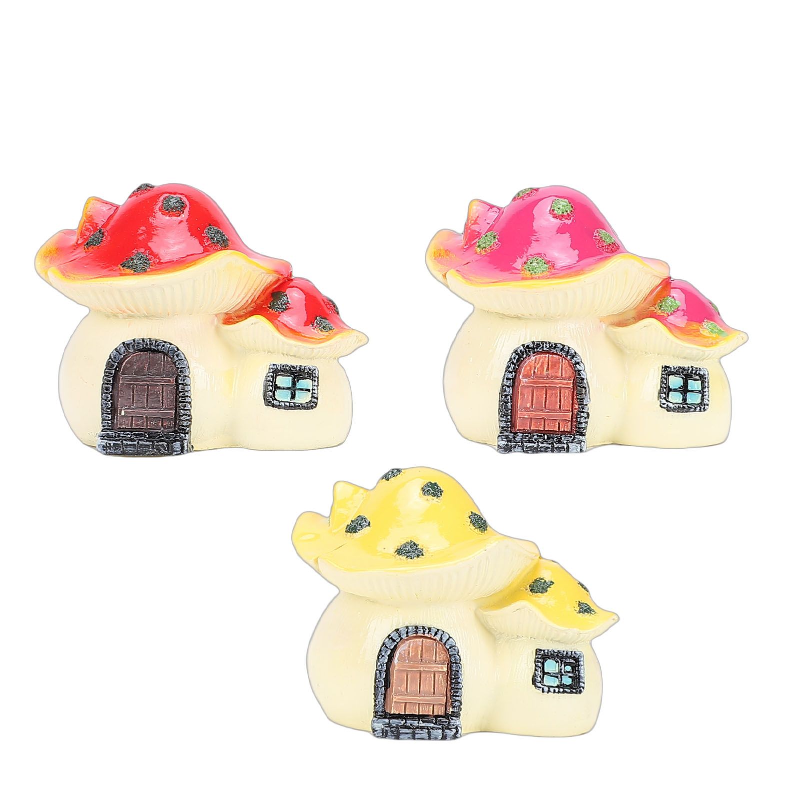 3pcs Mushroom House Statues Violet Red Yellow Resin Small Mushroom House view 4