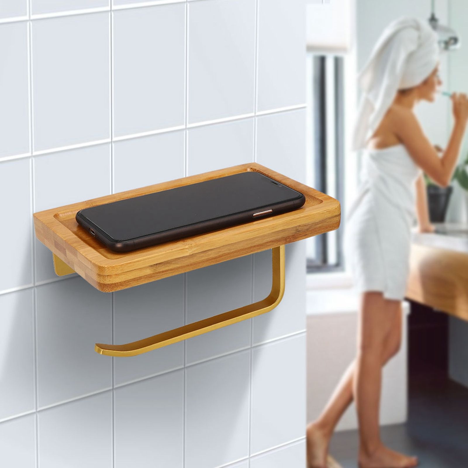 Wall Mounted Paper Towel Holder Tissue Roll Paper Rack Organizer with Shelf view 10