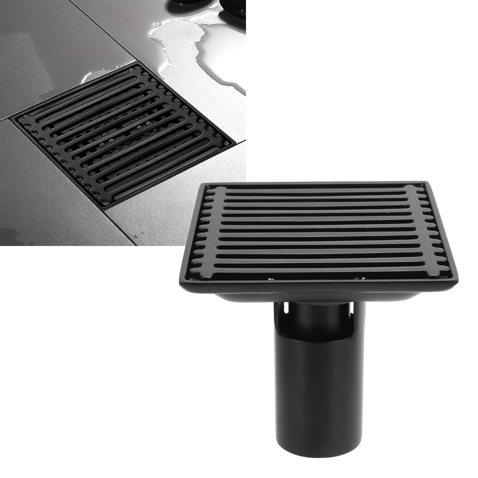 Floor Drain with Removable Cover Grille Square Shaped Shower Drain 10x10cm Black view 9