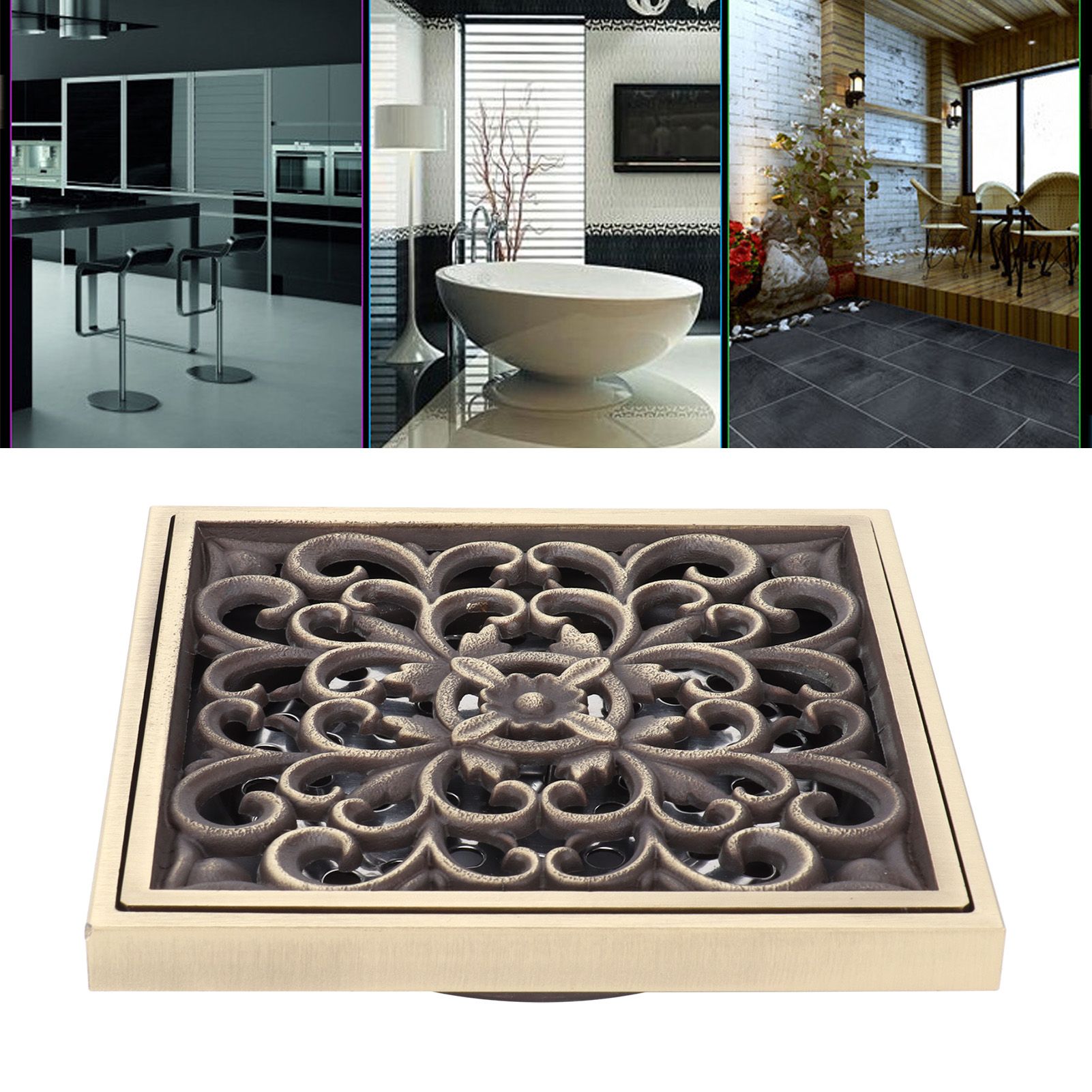 Floor Drain Antique Copper Shower Drain Kit for Home Hotel Bathroom Toilet 10x10cm view 11