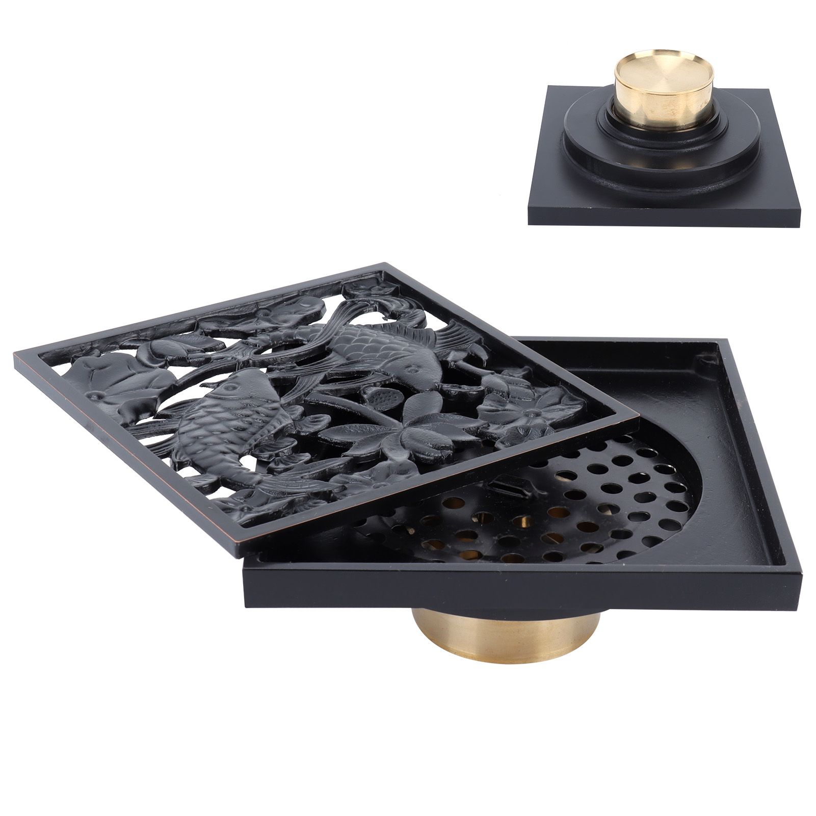 Black Shower Floor Drain 10x10cm Copper Floor Drain Strainer for Hotel view 10