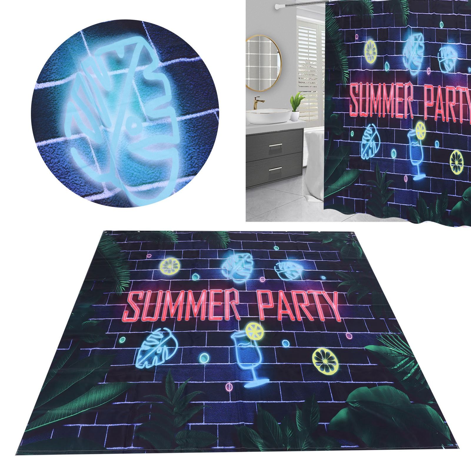 Summer Pattern Polyester Shower Curtain PunchFree Waterproof Bathroom Curtain view 11