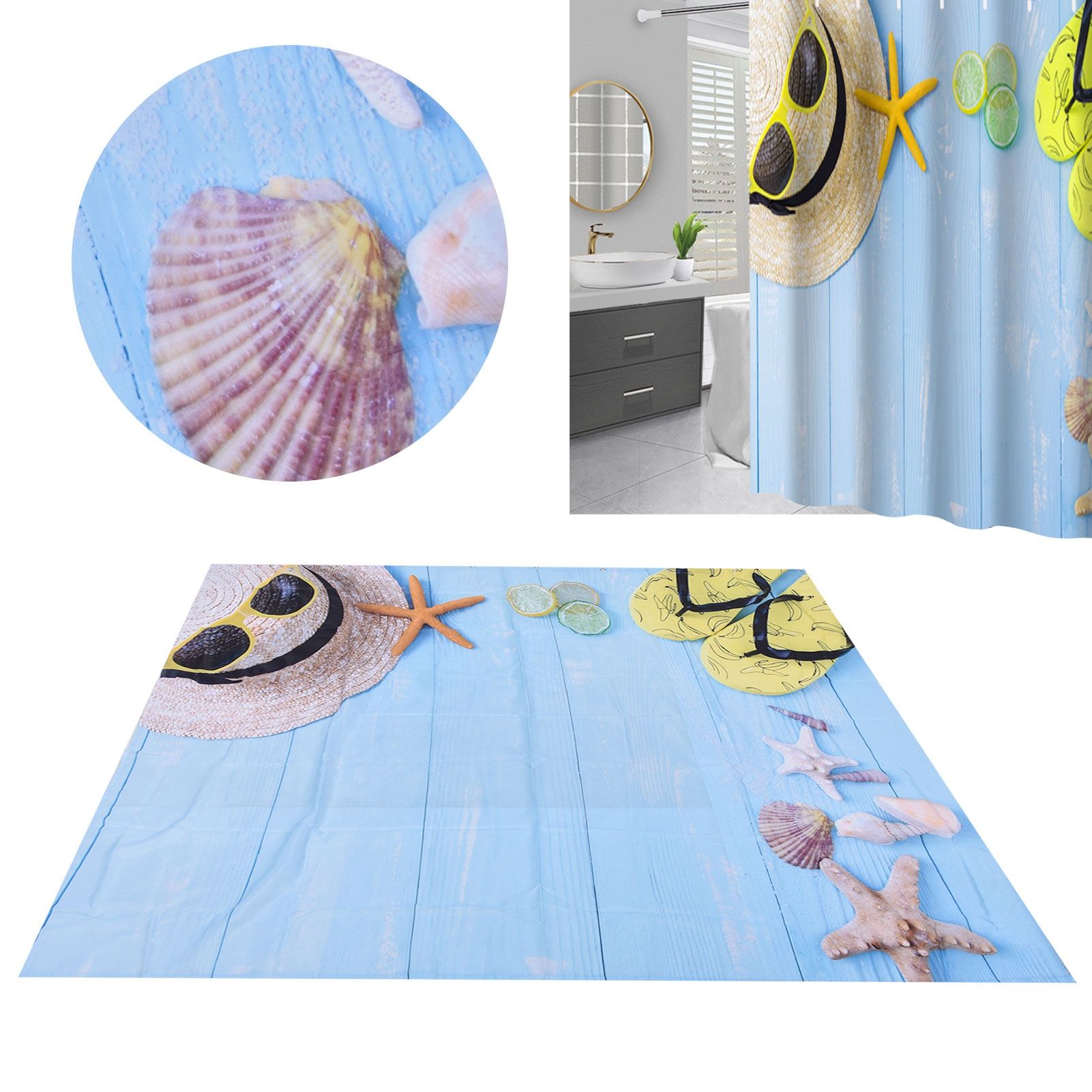 Beach Pattern Shower Curtain Waterproof Polyester Bathroom Curtain with Hooks view 12