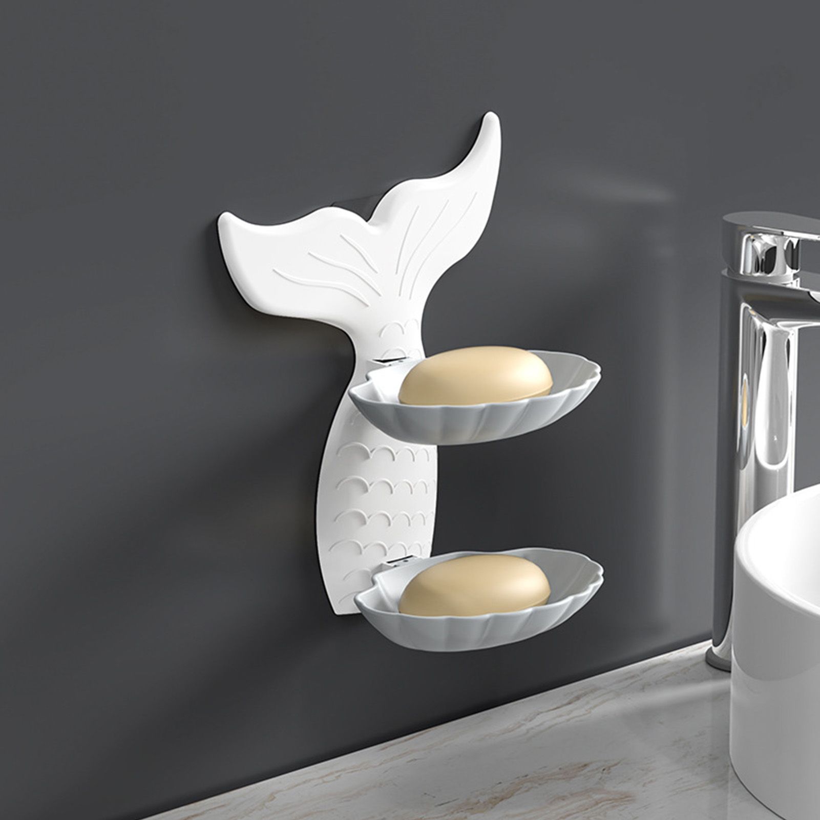 Double Layer Soap Dish Wall Mounted PP Goldfish Shaped Soap Draining Holder view 5