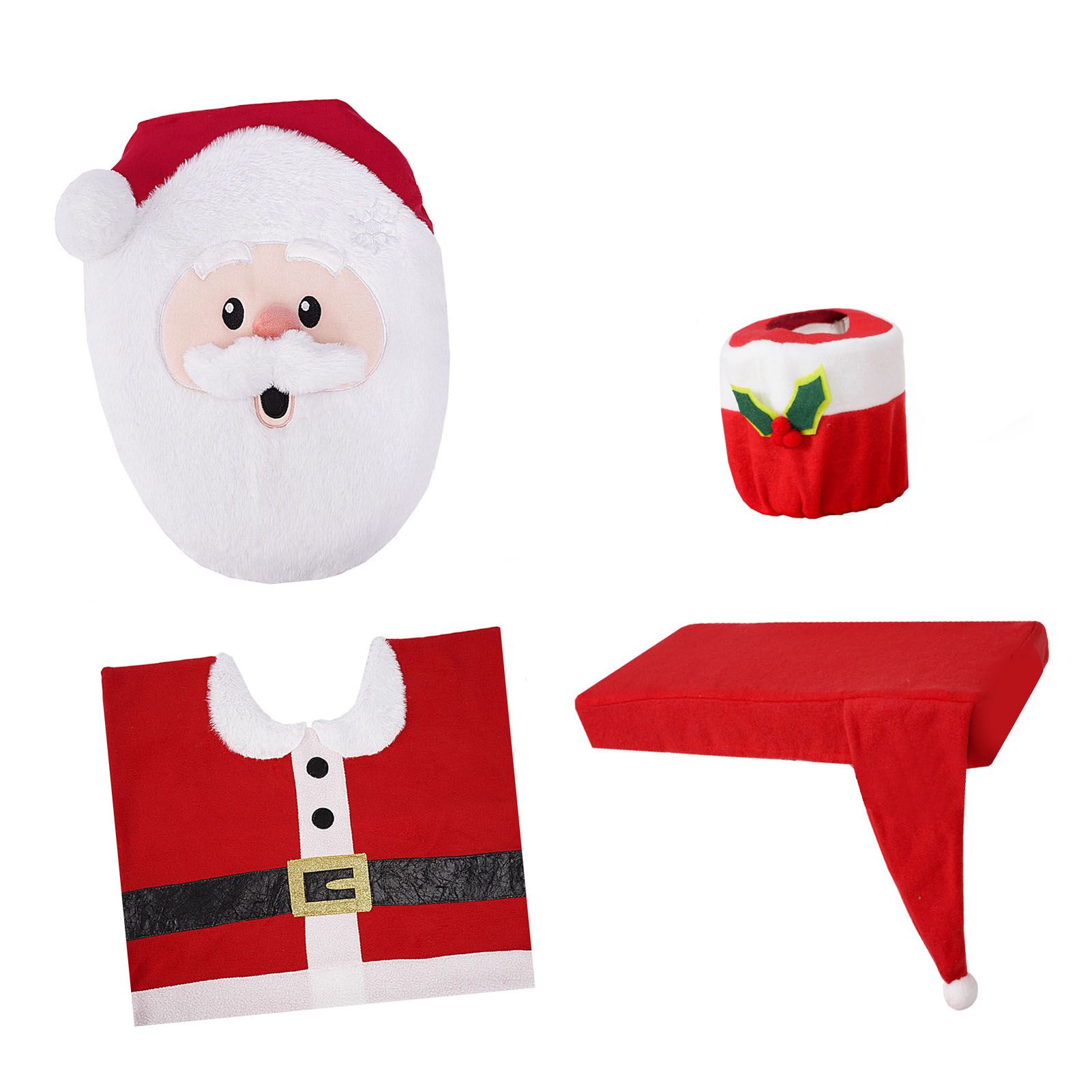 4Pcs Xmas Toilet Seat Cover Set Soft Cute Look Protective Santa Toilet Seat — image 1