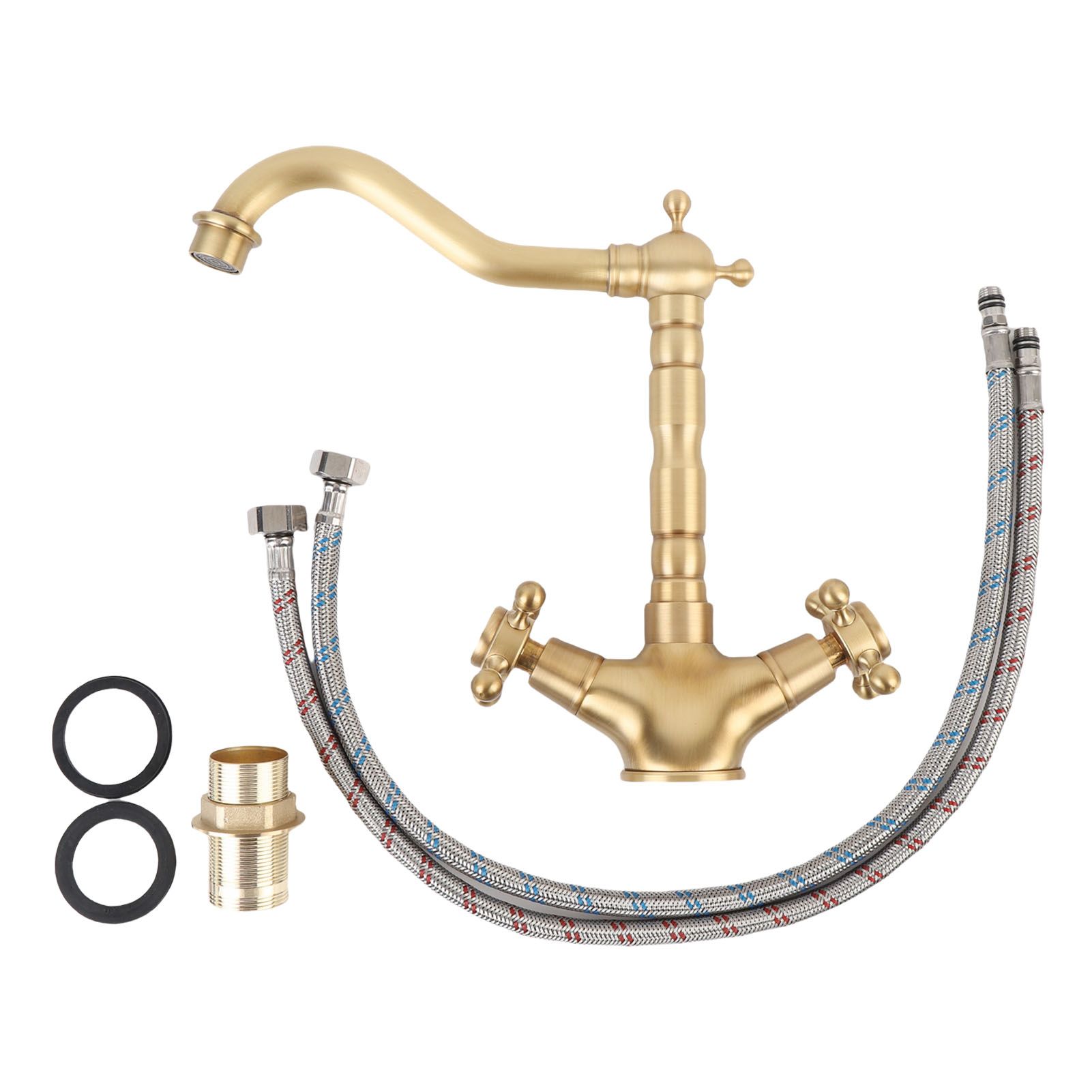 Basin Faucet Short Brass Double Handle Cold Hot Water Swivel Sink Faucet for view 3