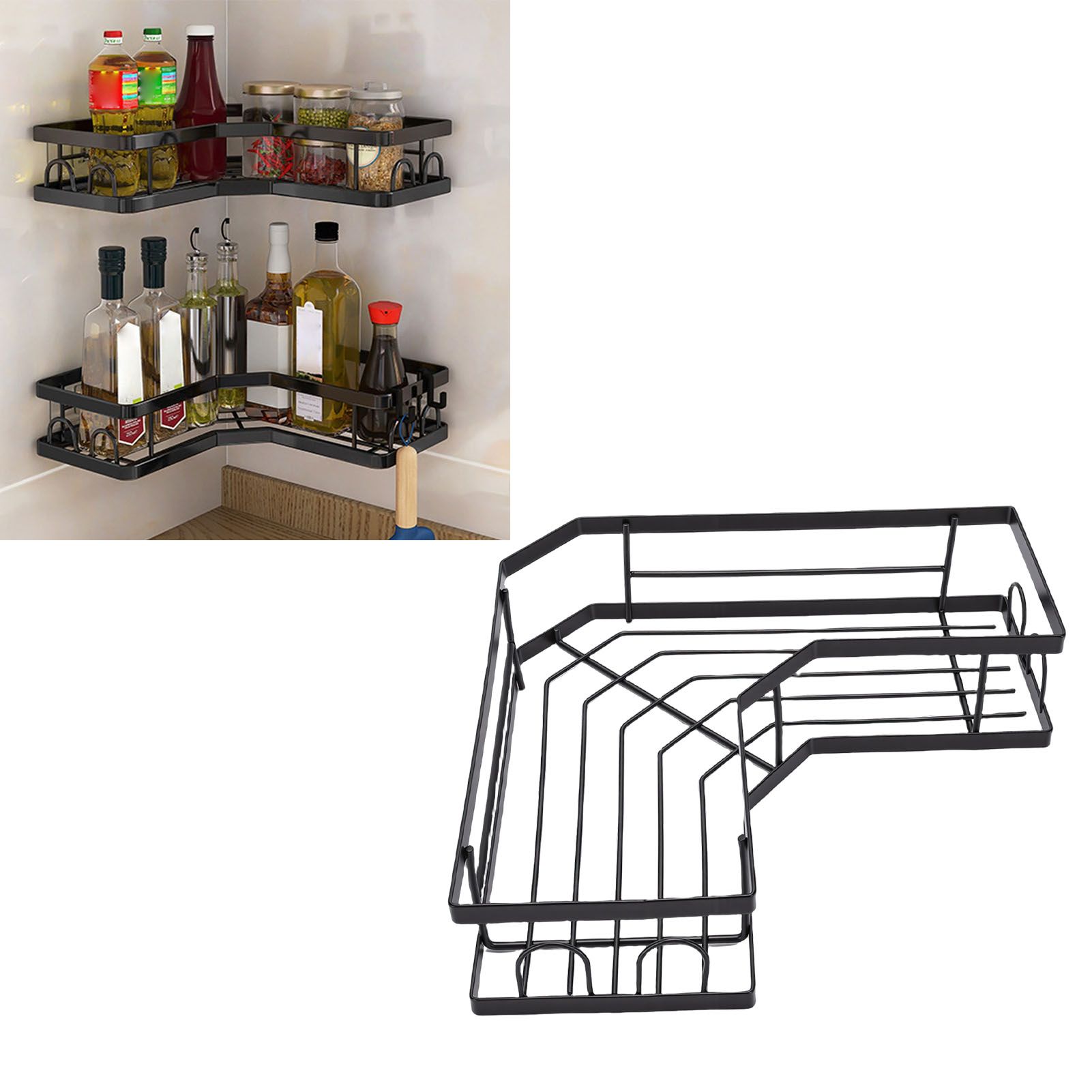 2PCS Corner Shower Shelf Adhesive Wall Mounted Shower Storage Rack with Hooks view 12