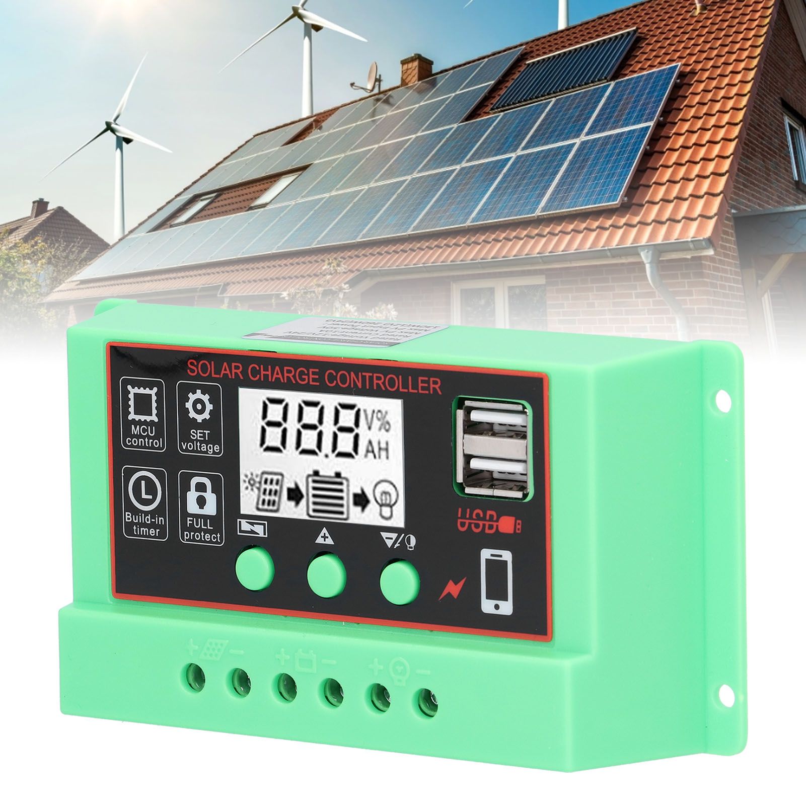 Solar Charge Controller 12V/24V Solar Controller LCD Display USB Interface view 12