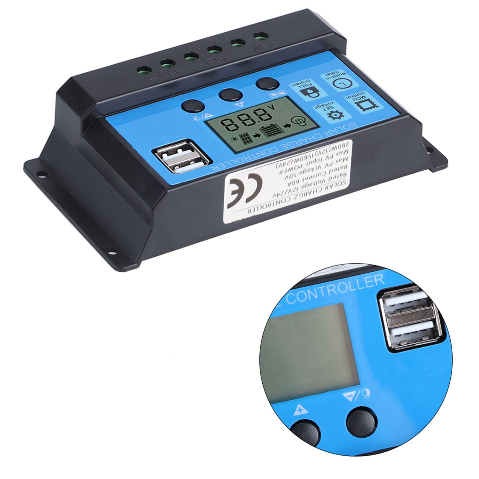 60A Solar Charge Controller with Dual USB Port 5V Auto PWM LCD Display Solar view 7