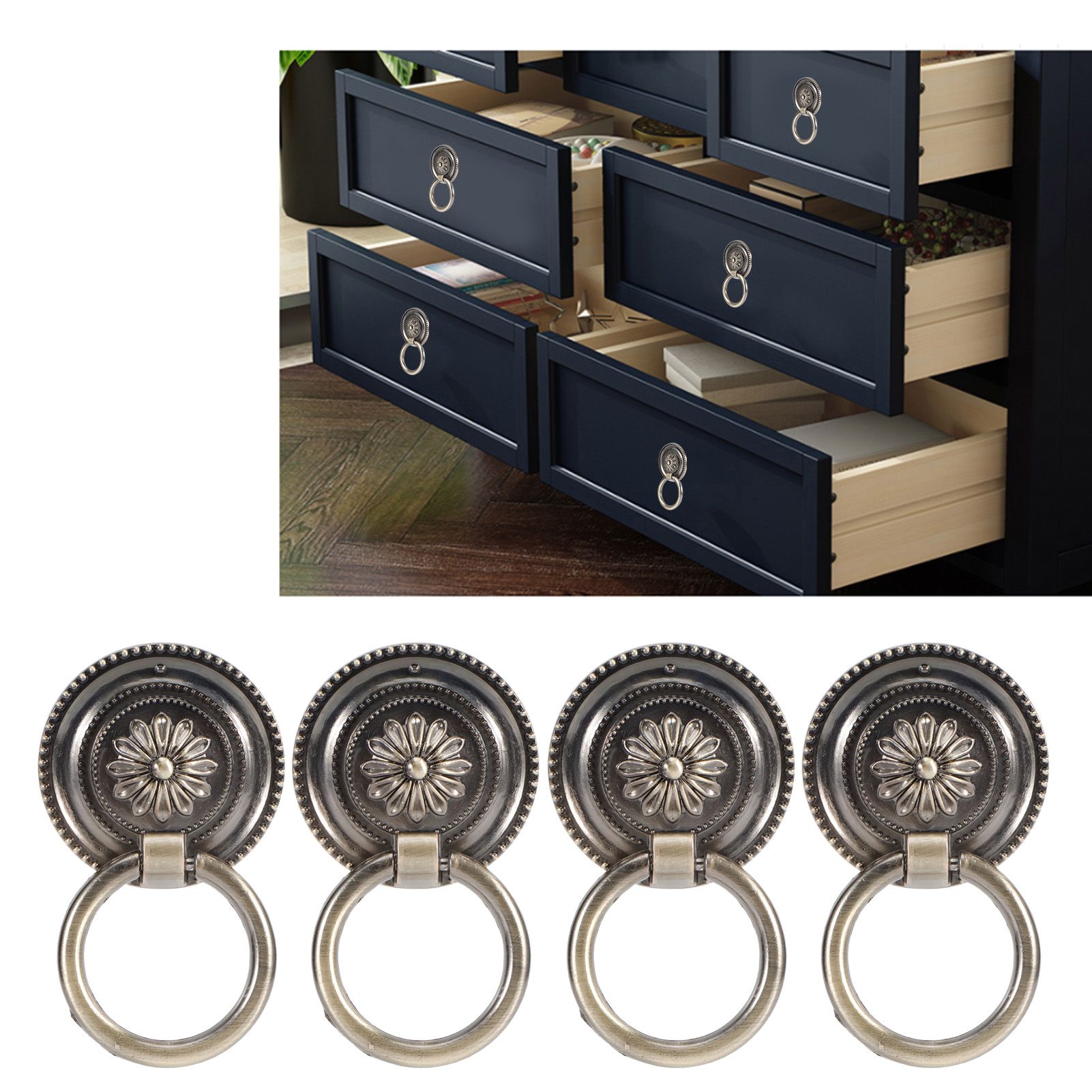 4Pcs Door Ring Knocker Antique Zinc Alloy Drawer Closet Cabinet Handles view 10