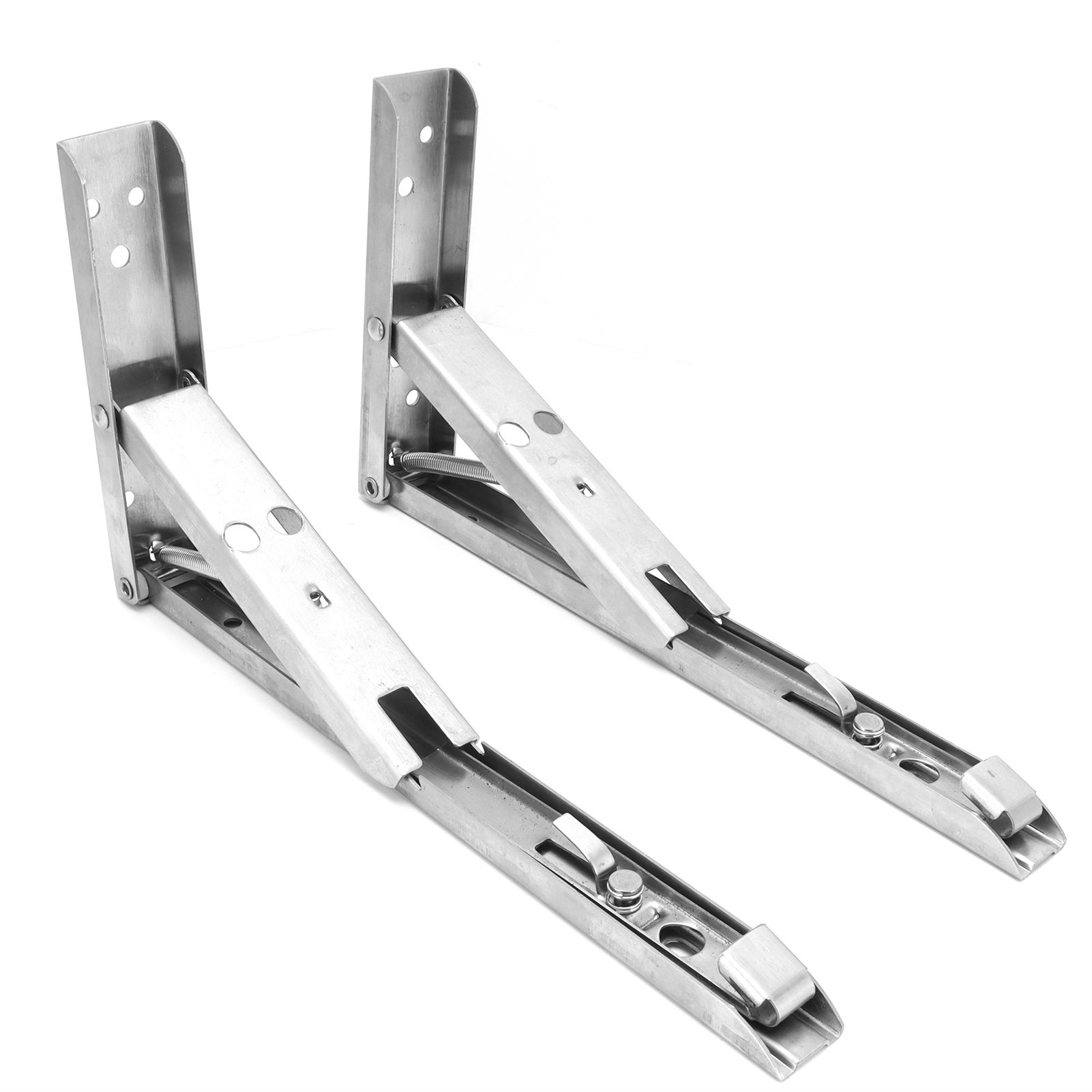 2Pcs Folding Shelf Bracket Stainless Steel Wall Mount Spring Loaded Support Rack view 8