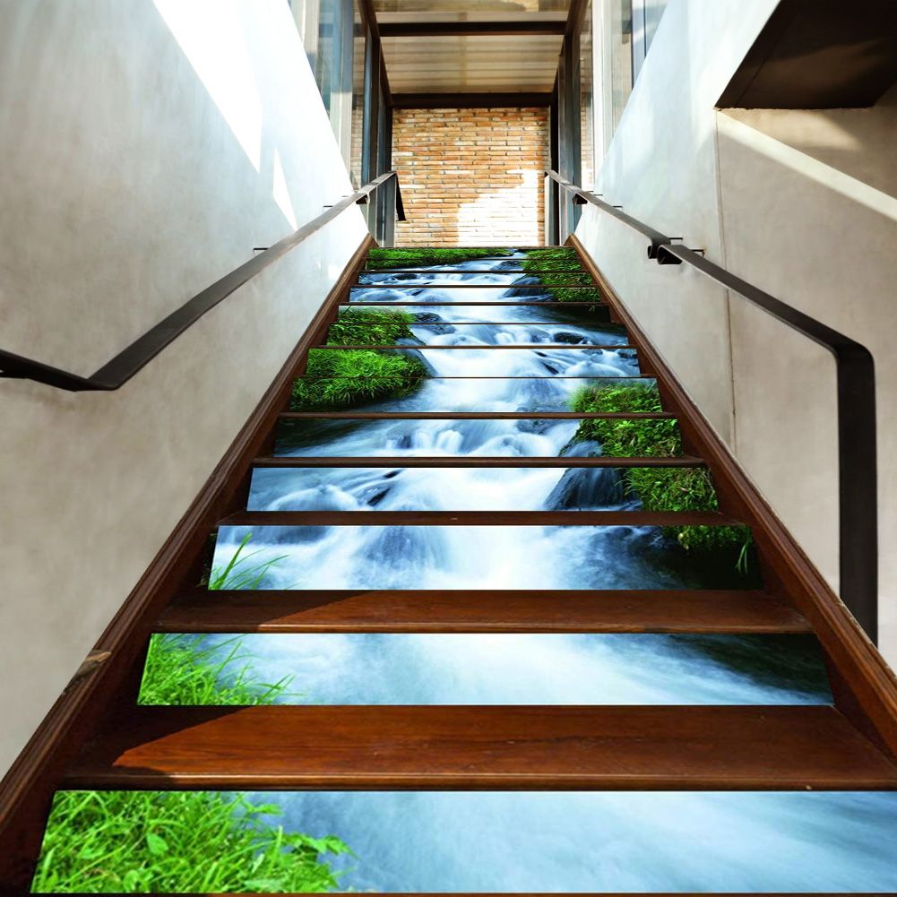 6pcs Waterproof Waterfall Pattern Stair Stickers 3D Self Adhesive Wall Floor view 3