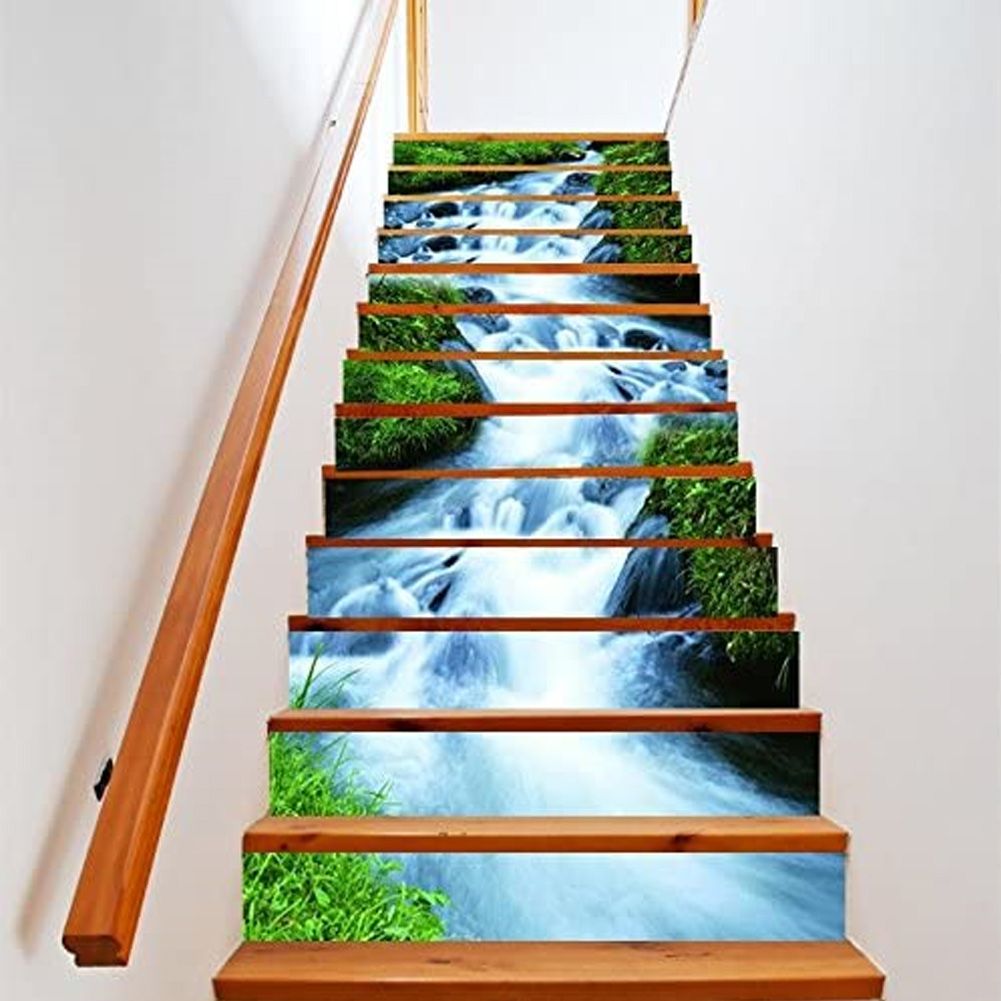 6pcs Waterproof Waterfall Pattern Stair Stickers 3D Self Adhesive Wall Floor view 4