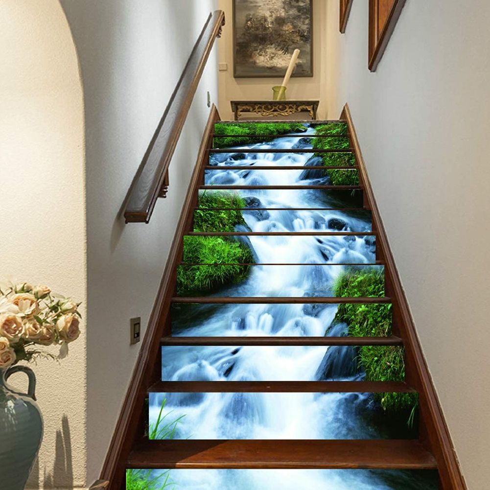 6pcs Waterproof Waterfall Pattern Stair Stickers 3D Self Adhesive Wall Floor view 5