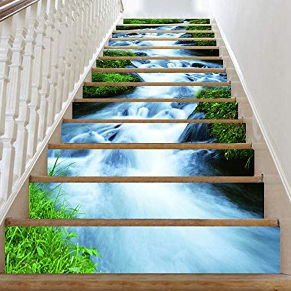6pcs Waterproof Waterfall Pattern Stair Stickers 3D Self Adhesive Wall Floor view 6